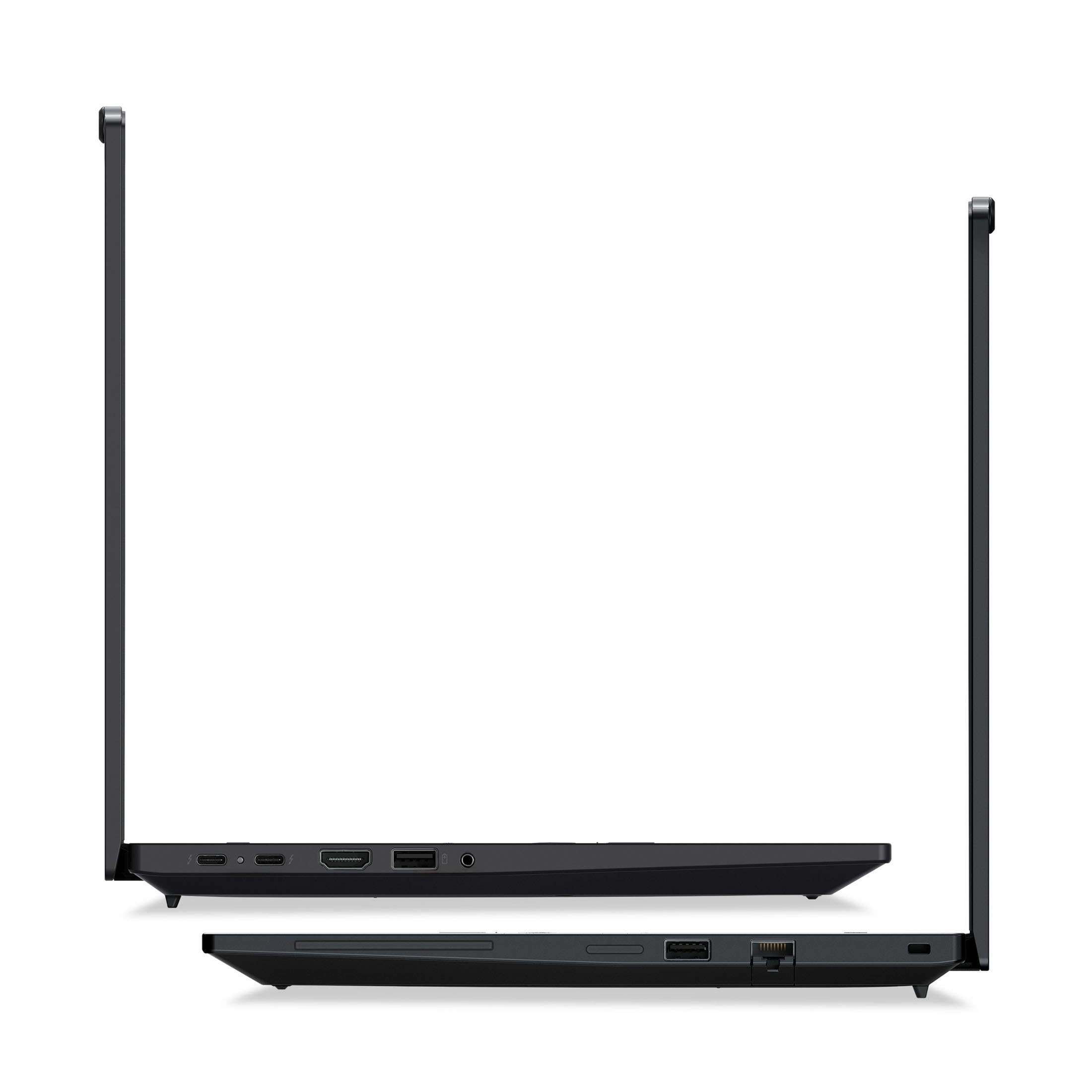 Seitenansicht zweier schwarzer Laptops nebeneinander, mit sichtbaren Anschlüssen.