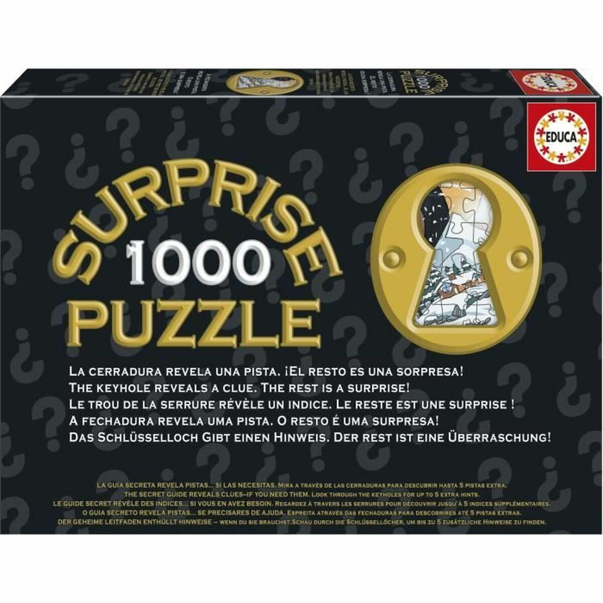 Scatola di un puzzle da 1000 pezzi con design a buco della serratura e testo.