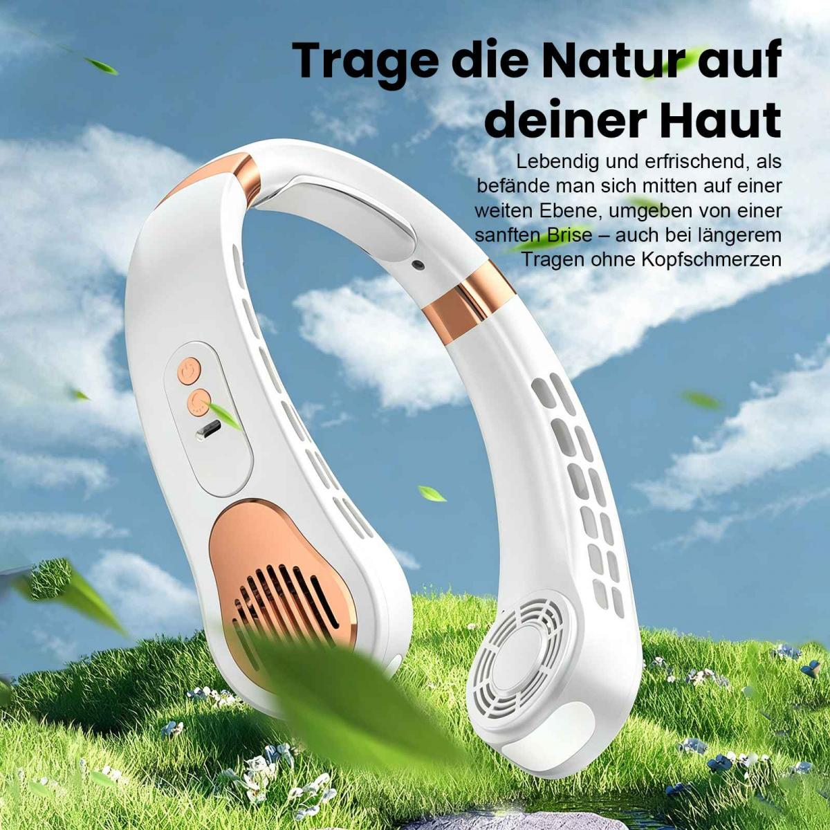 Ein weißer Nackenventilator mit Kupferdetails steht auf einer grünen Wiese.
