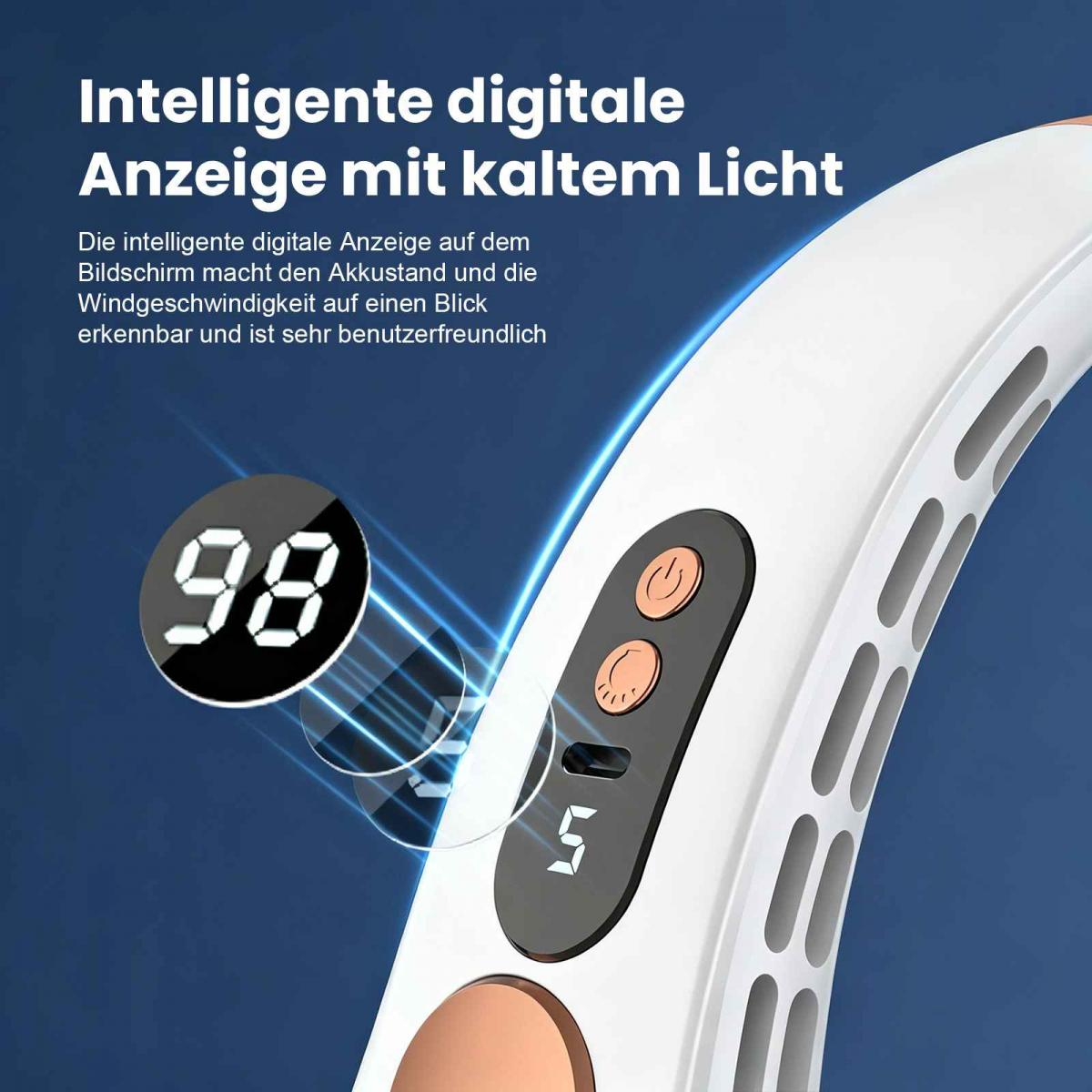 Ein digitales Display zeigt 98 und 5. Ein Power-Button und ein Lüfter-Button sind sichtbar.