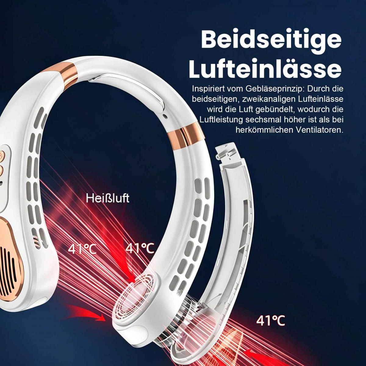 Ein weißer Nackenventilator mit Kupferakzenten, der heiße Luft ausgibt.
