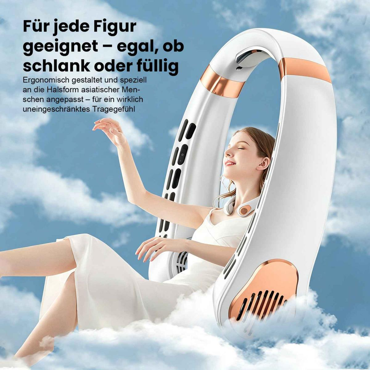 Eine Frau sitzt mit einem weißen Nackenventilator, Wolken im Hintergrund.