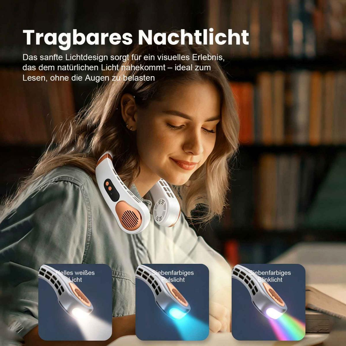 Frau mit tragbarem Nachtlicht, das weißes, blaues oder mehrfarbiges Licht zeigt.
