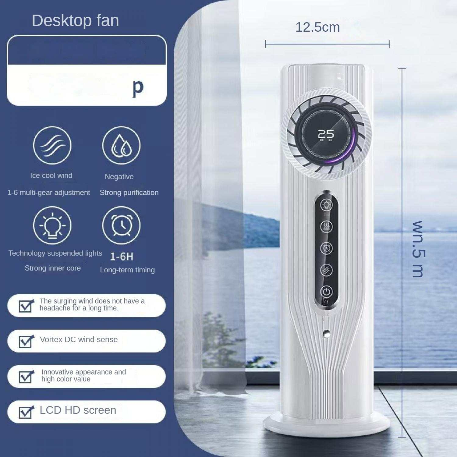 Ein weißer Turmventilator mit digitalen Anzeigen und Funktionen.