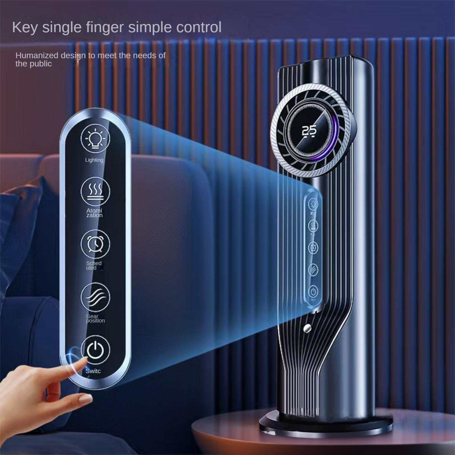 Ein Finger steuert diesen Turmlüfter mit Beleuchtung, Zerstäubung und Timer.