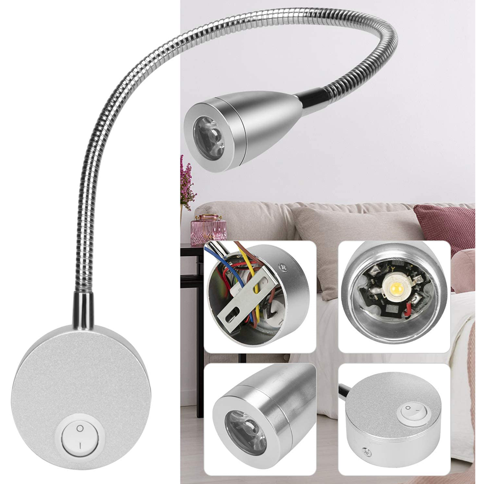 Silberne Schwanenhalslampe mit Schalter und LED-Leuchten, Details innen.