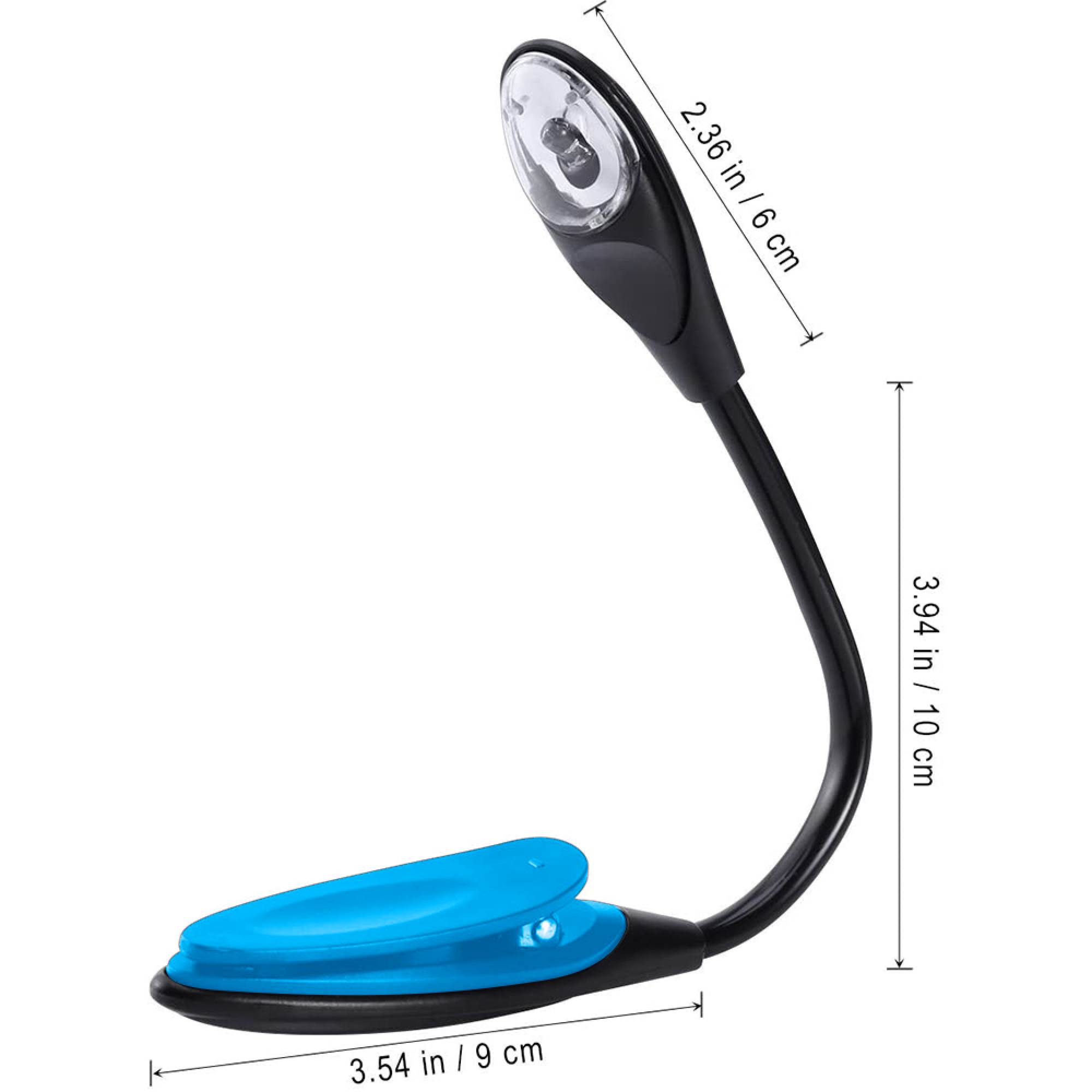 Ein flexibler schwarzer Buch-Clip mit blauem Griff und LED-Licht.