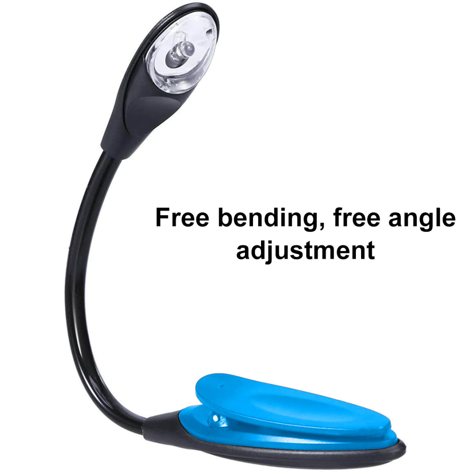 Ein flexibler Klemm-Leselampe mit blauem Clip und schwarzem Schwanenhals.