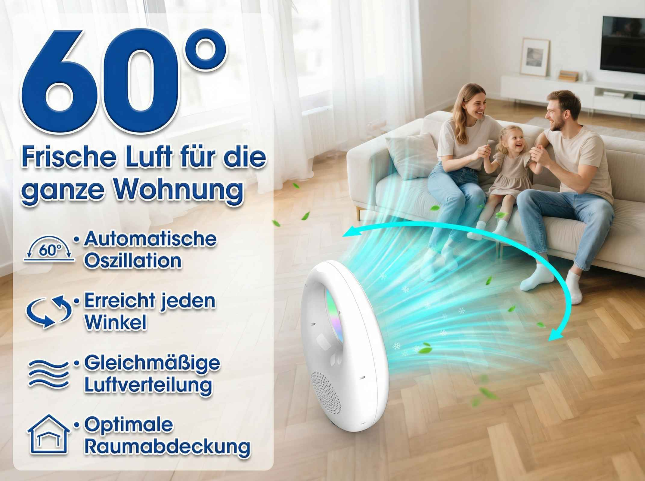 Ein weißer Ventilator erzeugt kühle Luft für eine Familie auf einem Sofa.