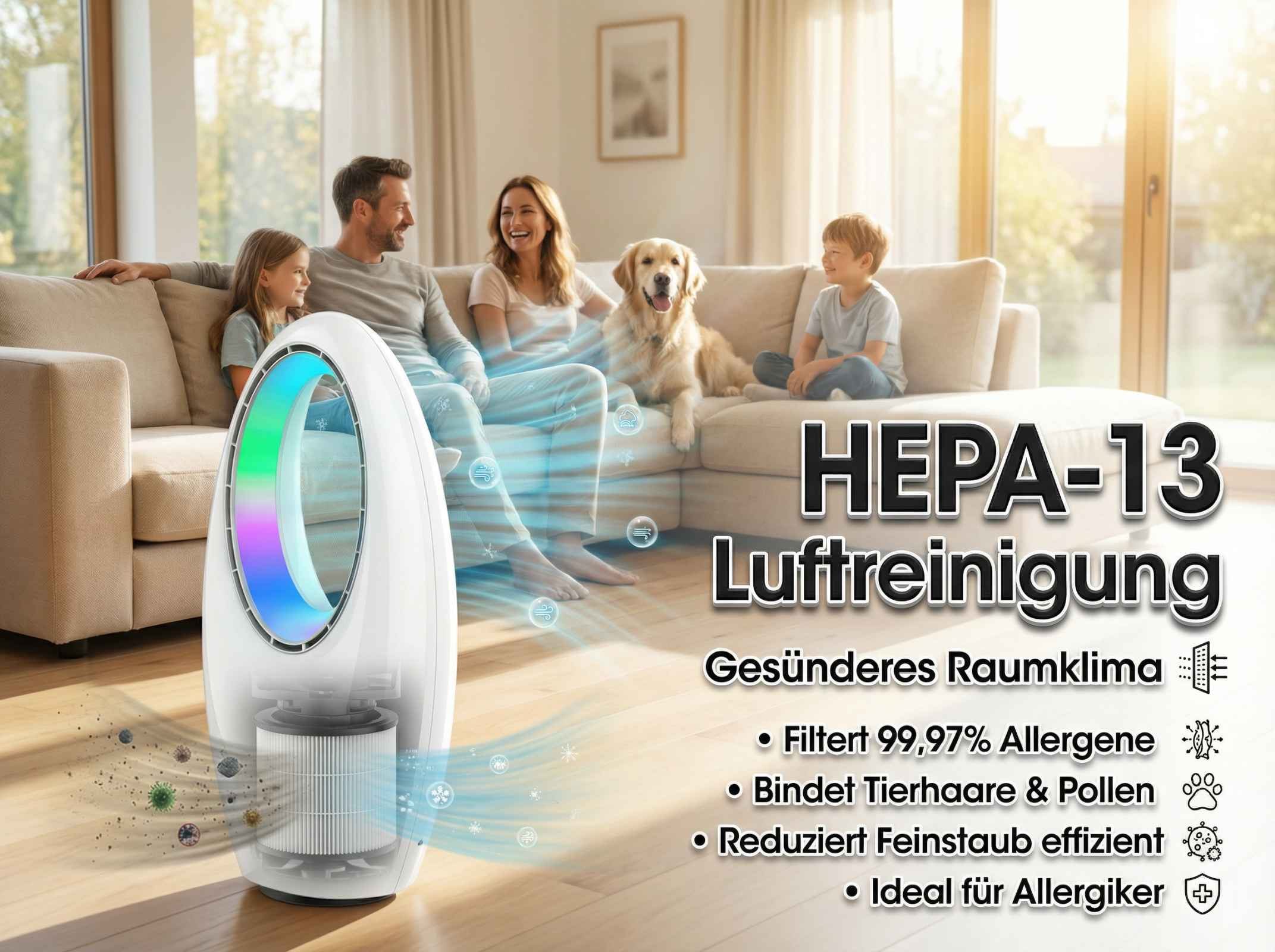 Familie mit Hund genießt saubere Luft von einem HEPA-13 Luftreiniger.