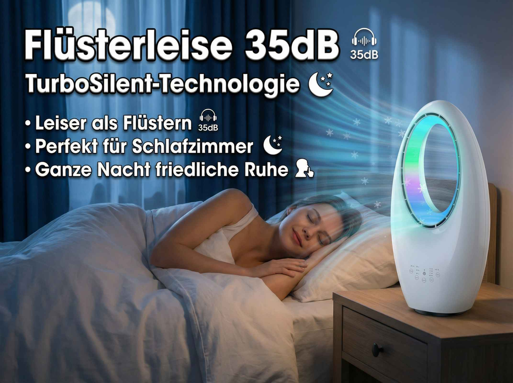 Eine Frau schläft friedlich im Bett, neben einem leisen Lüfter mit Farblicht.