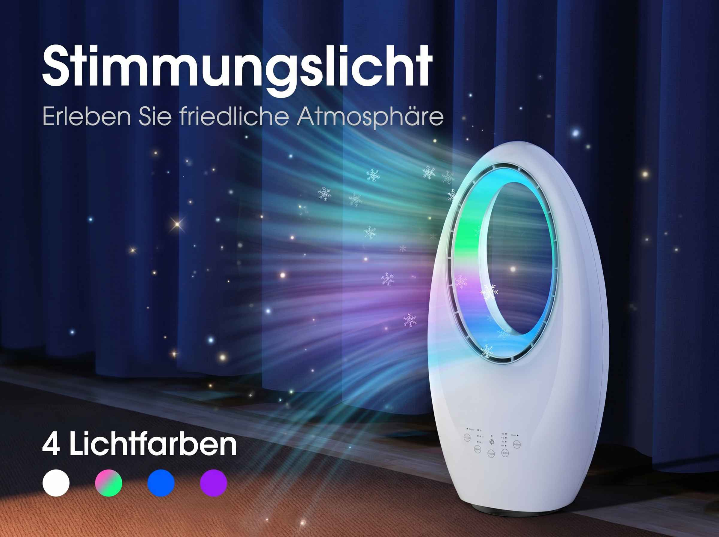 Ein weißer Turmlüfter mit Farbwechsel-Beleuchtung und Schneeflocken-Motiv.