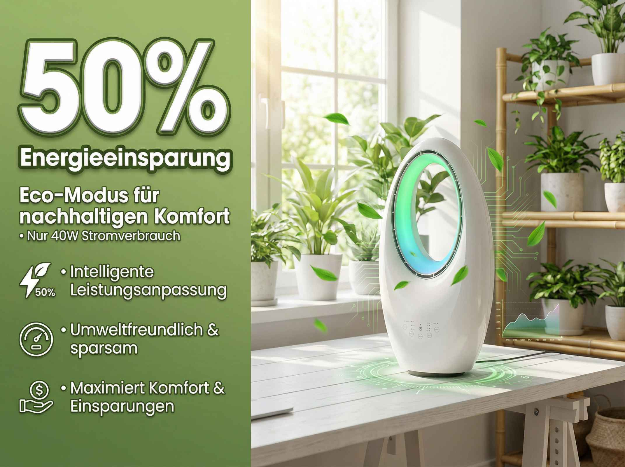 50% Energieeinsparung mit Eco-Modus. Ein weißer Ventilator steht auf einem Tisch, umgeben von Pflanzen.