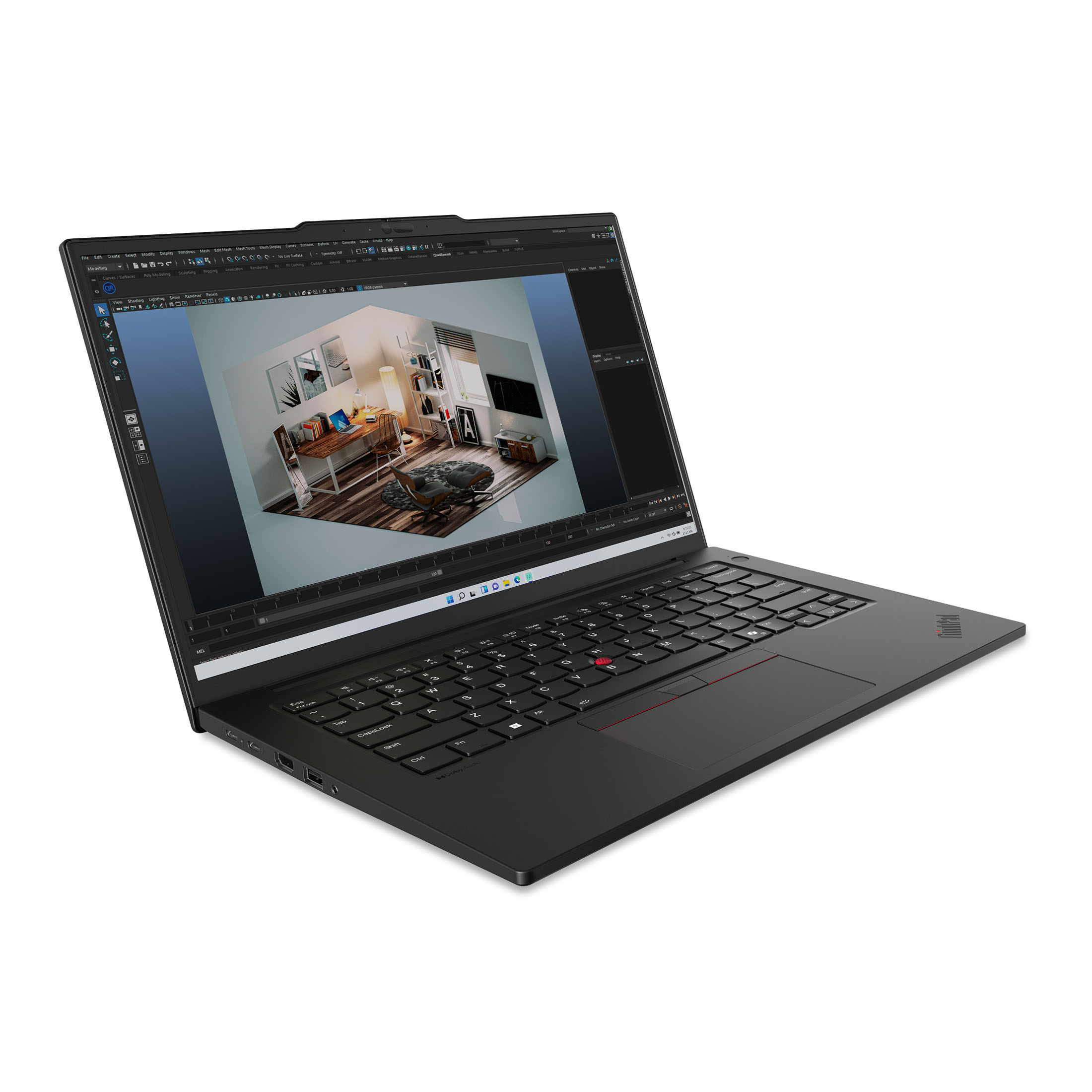 Schwarzer Laptop mit einem 3D-Raumdesign auf dem Bildschirm und einer Tastatur.
