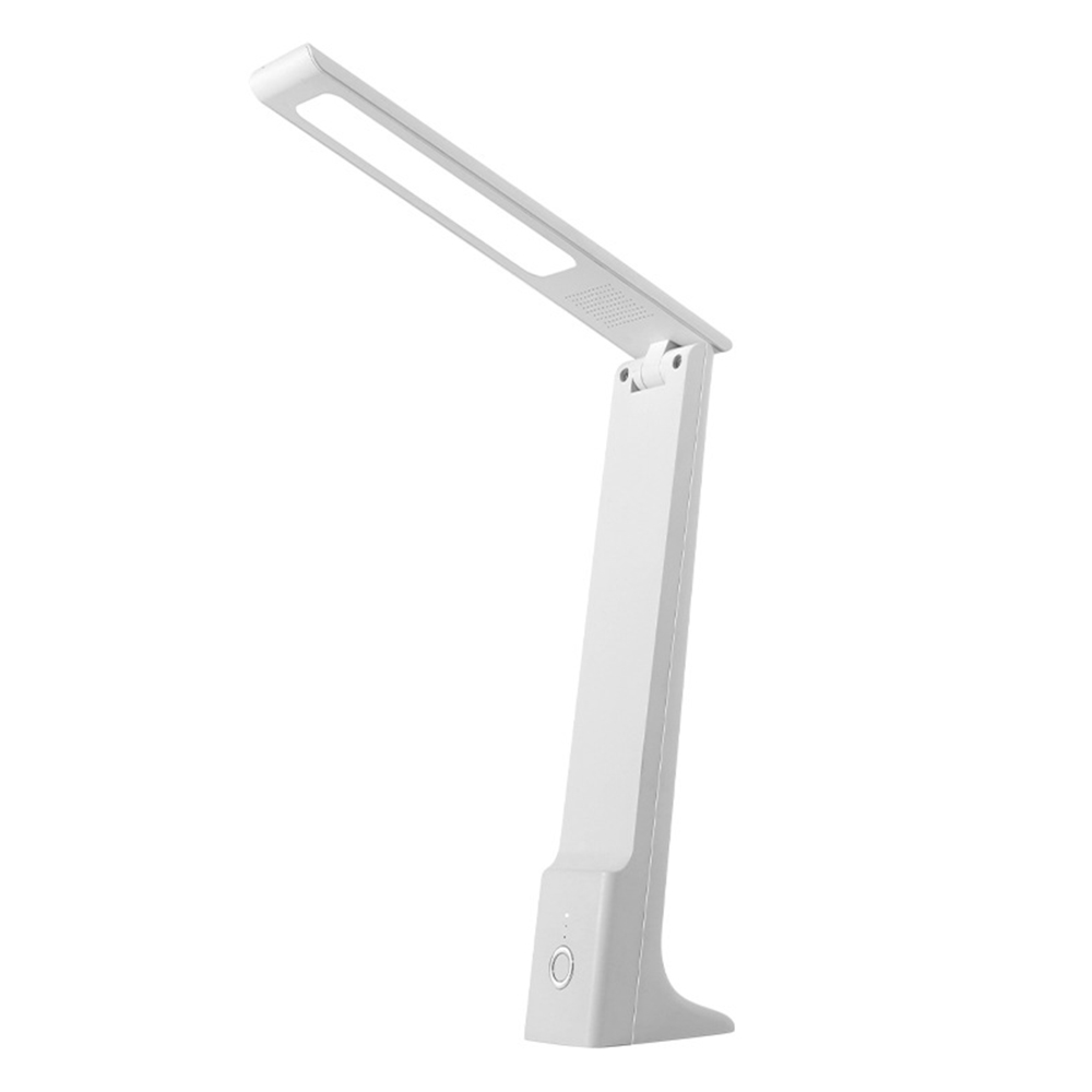 Eine weiße, schwenkbare LED-Schreibtischlampe mit einem rechteckigen Lampenkopf.