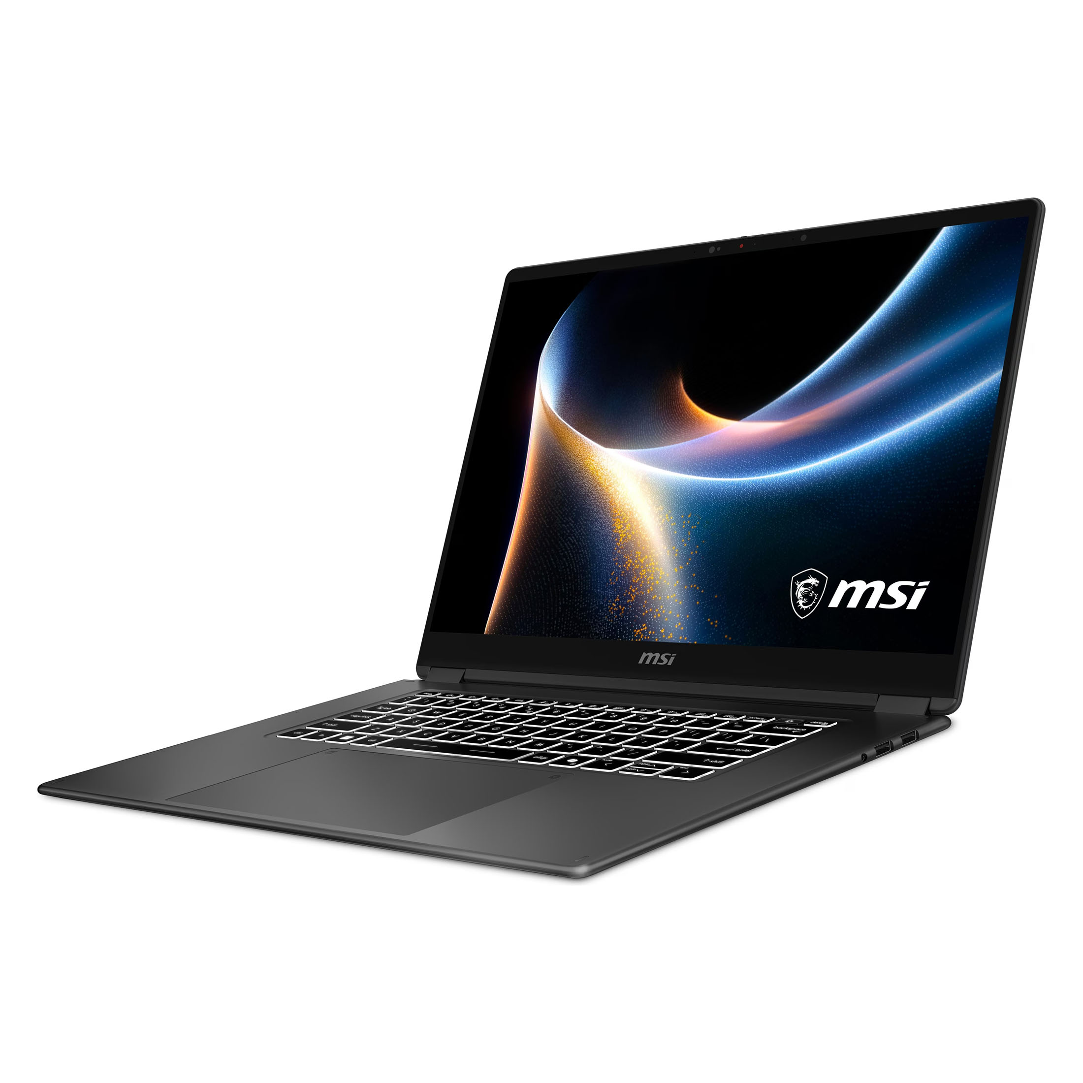 Un ordinateur portable MSI sombre et élégant avec un clavier rétroéclairé et un fond d'écran abstrait.
