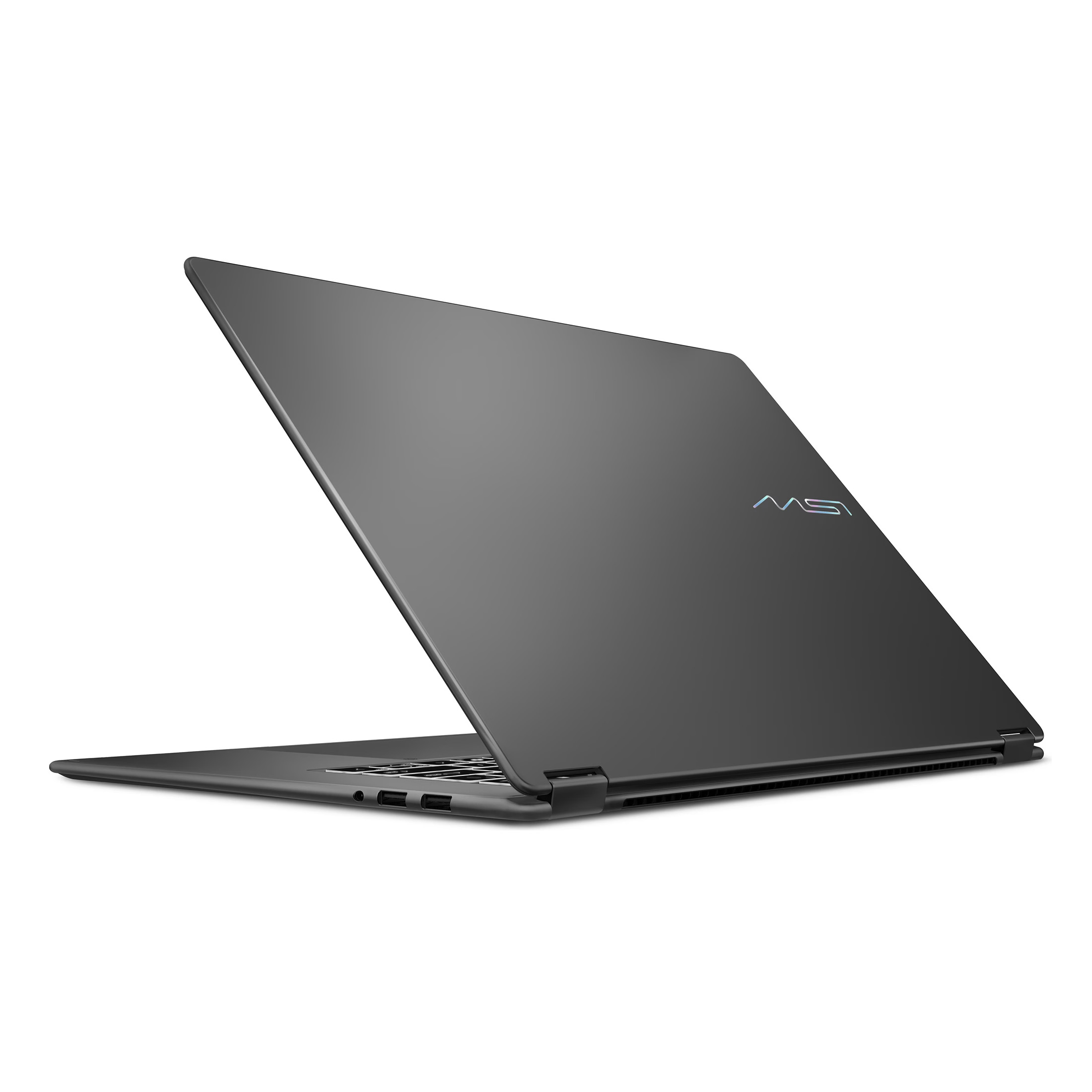 Ein geschlossener grauer MSI-Laptop mit beleuchtetem Logo auf dem Deckel.