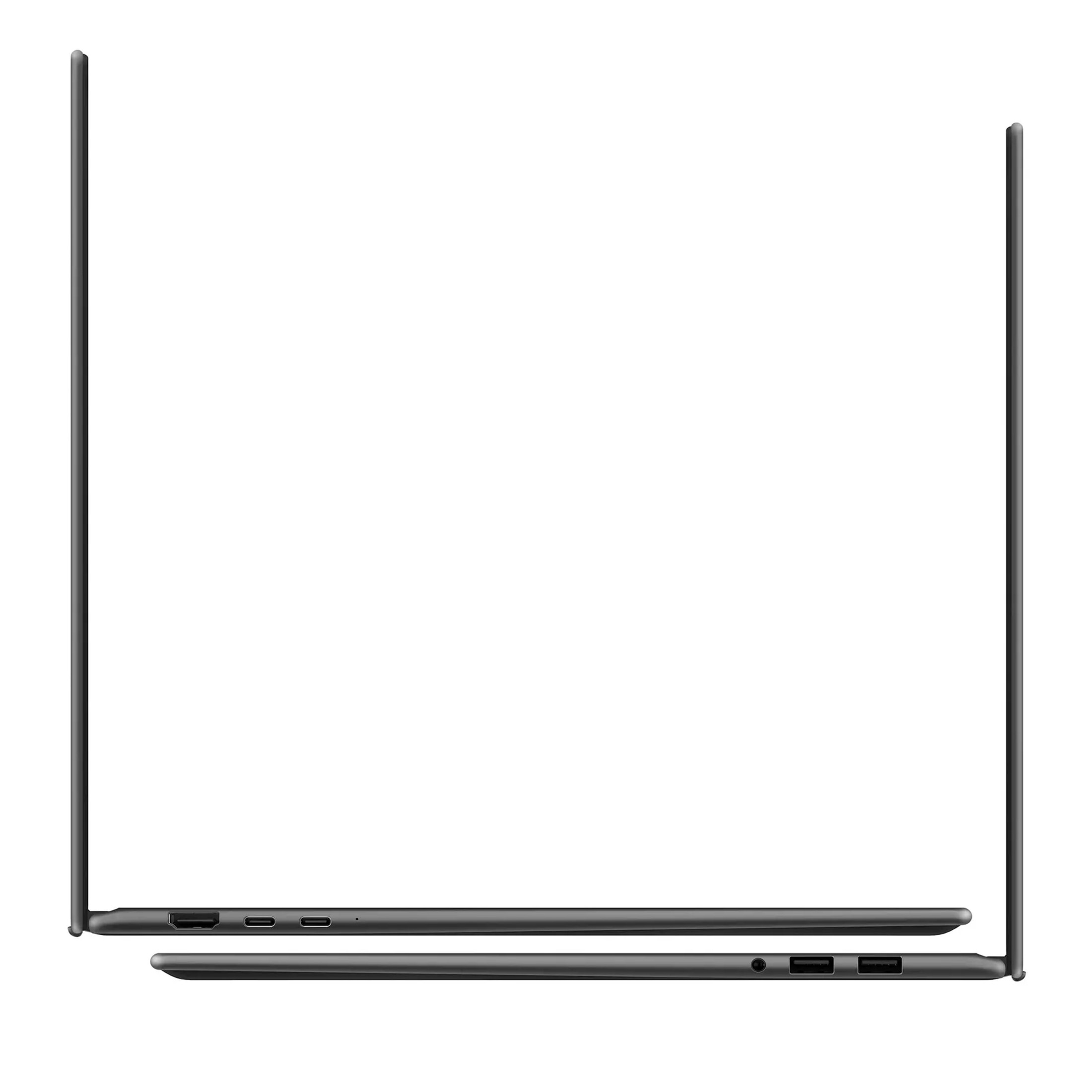 Seitenansicht eines geschlossenen dunkelgrauen Laptops. Anschlüsse an den Seiten sichtbar.