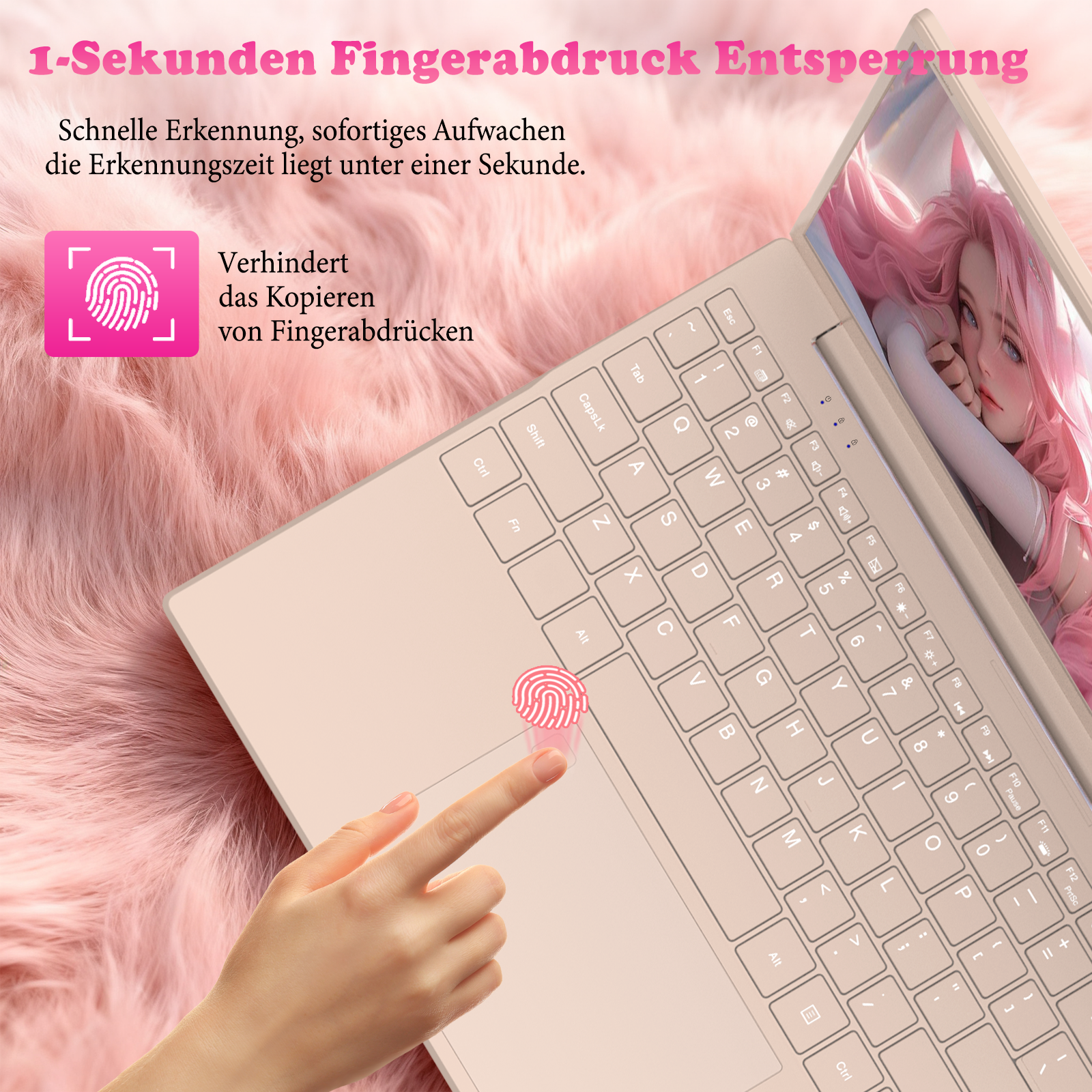 Ein Finger berührt einen Laptop, der auf einem rosa Teppich liegt. Fingerabdruck-Symbol.