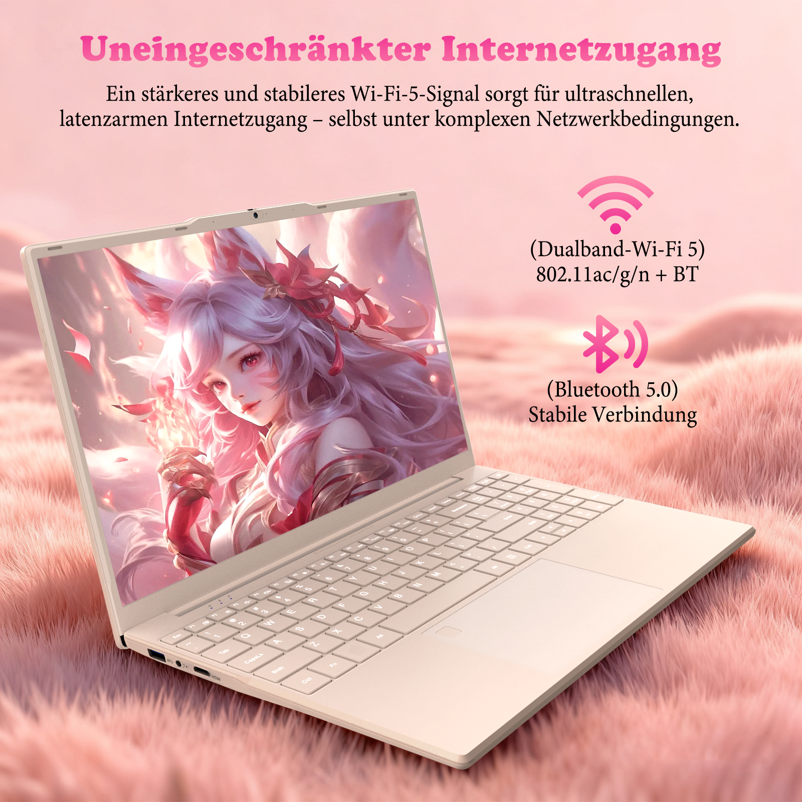 Ein Laptop mit anime-artigem Hintergrundbild zeigt Wi-Fi und Bluetooth-Symbole.