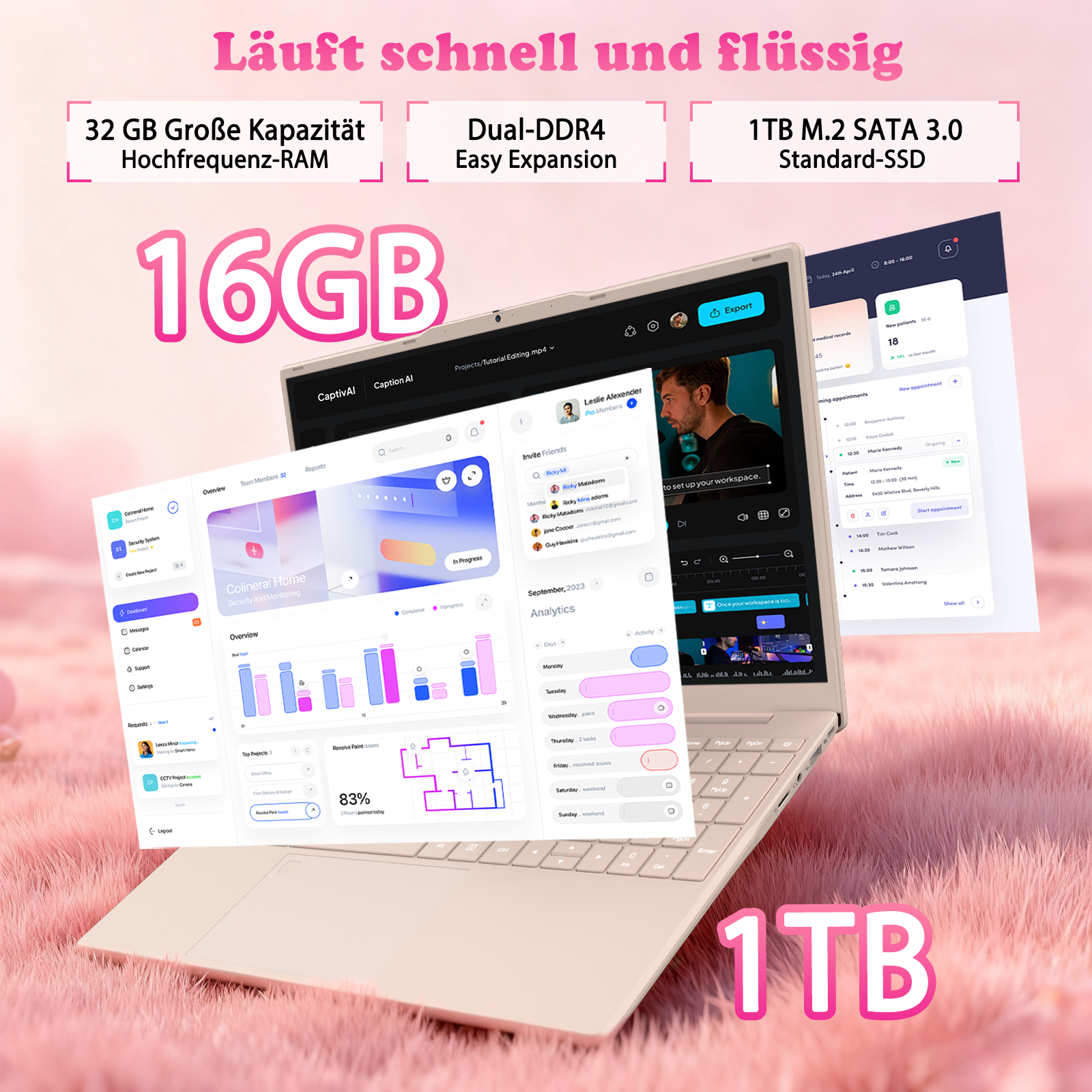 Ein Laptop mit bunten Benutzeroberflächen und Spezifikationen wie 16 GB und 1 TB.