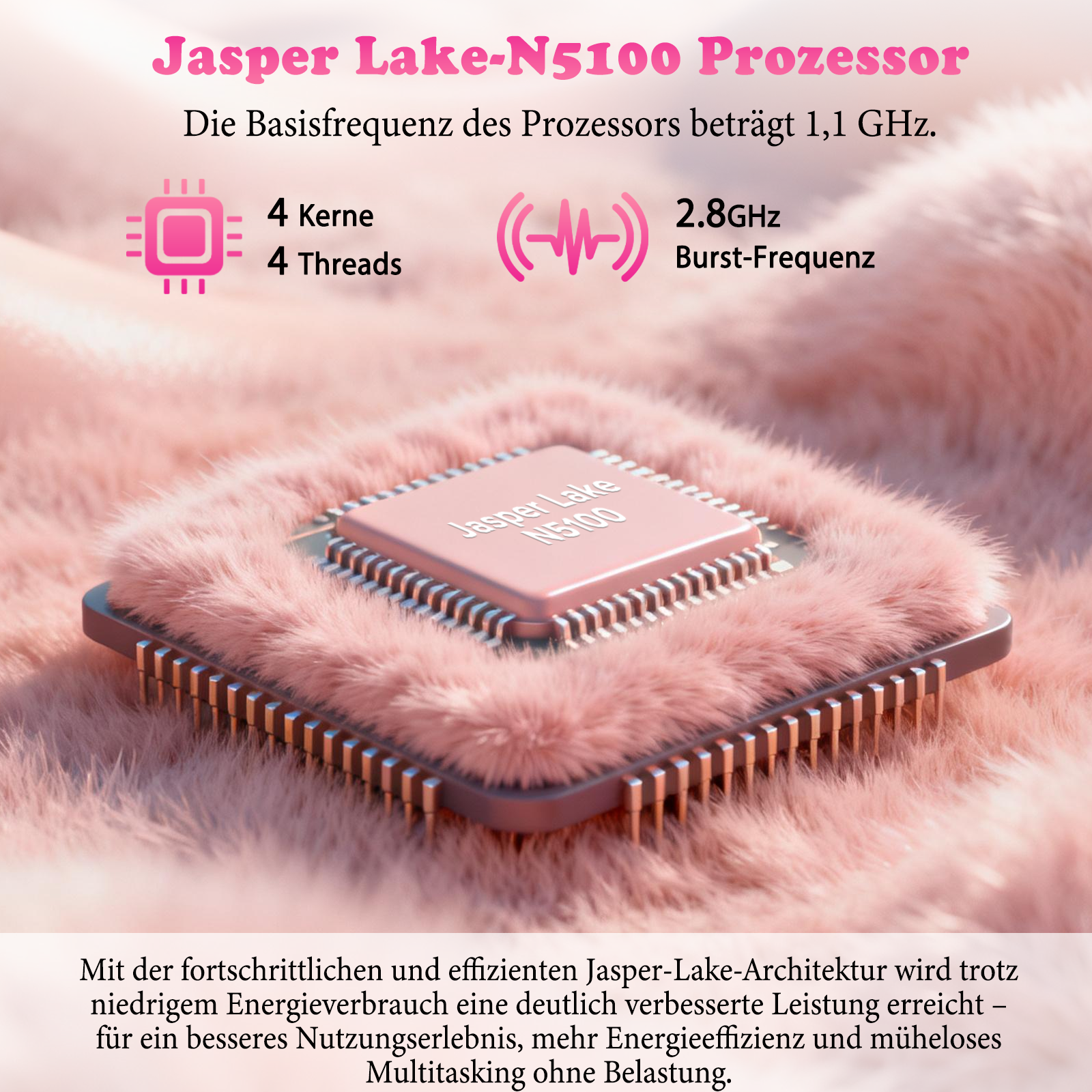 Ein rosafarbener Prozessor mit "Jasper Lake N5100" steht auf flauschigem Teppich.