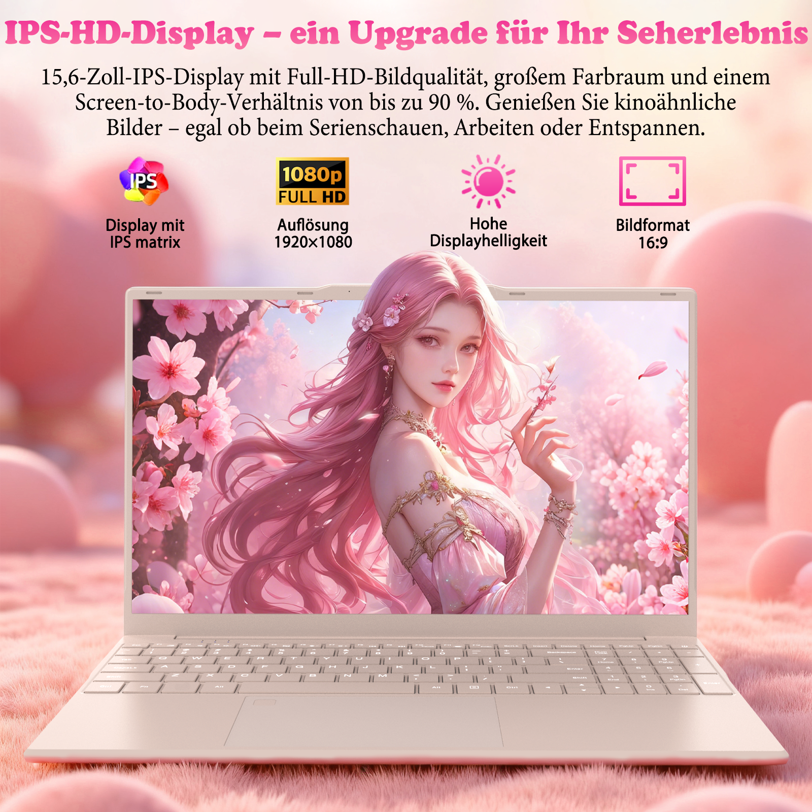 Ein Laptop mit einem anime-stil anime-mädchen auf dem Bildschirm mit Kirschblüten.