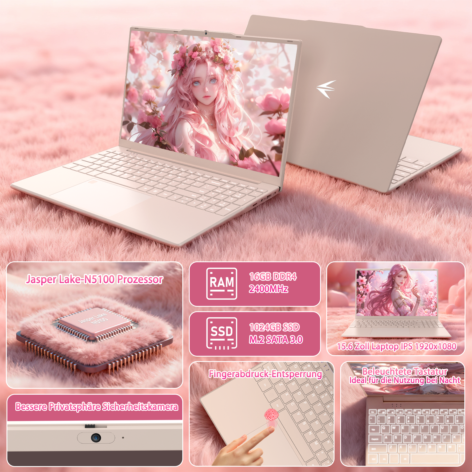 Ein beiger Laptop mit einem Anime-Mädchen auf dem Bildschirm. Spezifikationen sind aufgelistet.