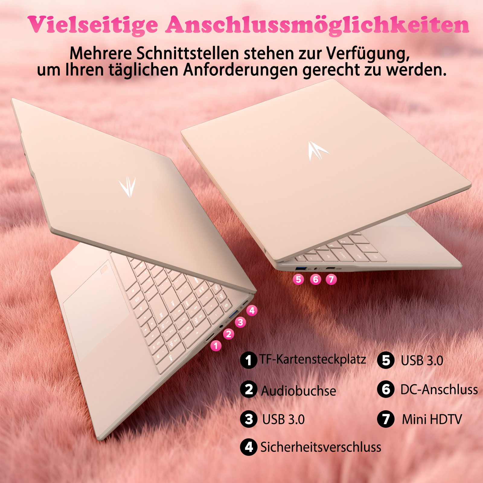 Zwei beige Laptops auf flauschigem Untergrund mit Anschlussbeschriftungen.