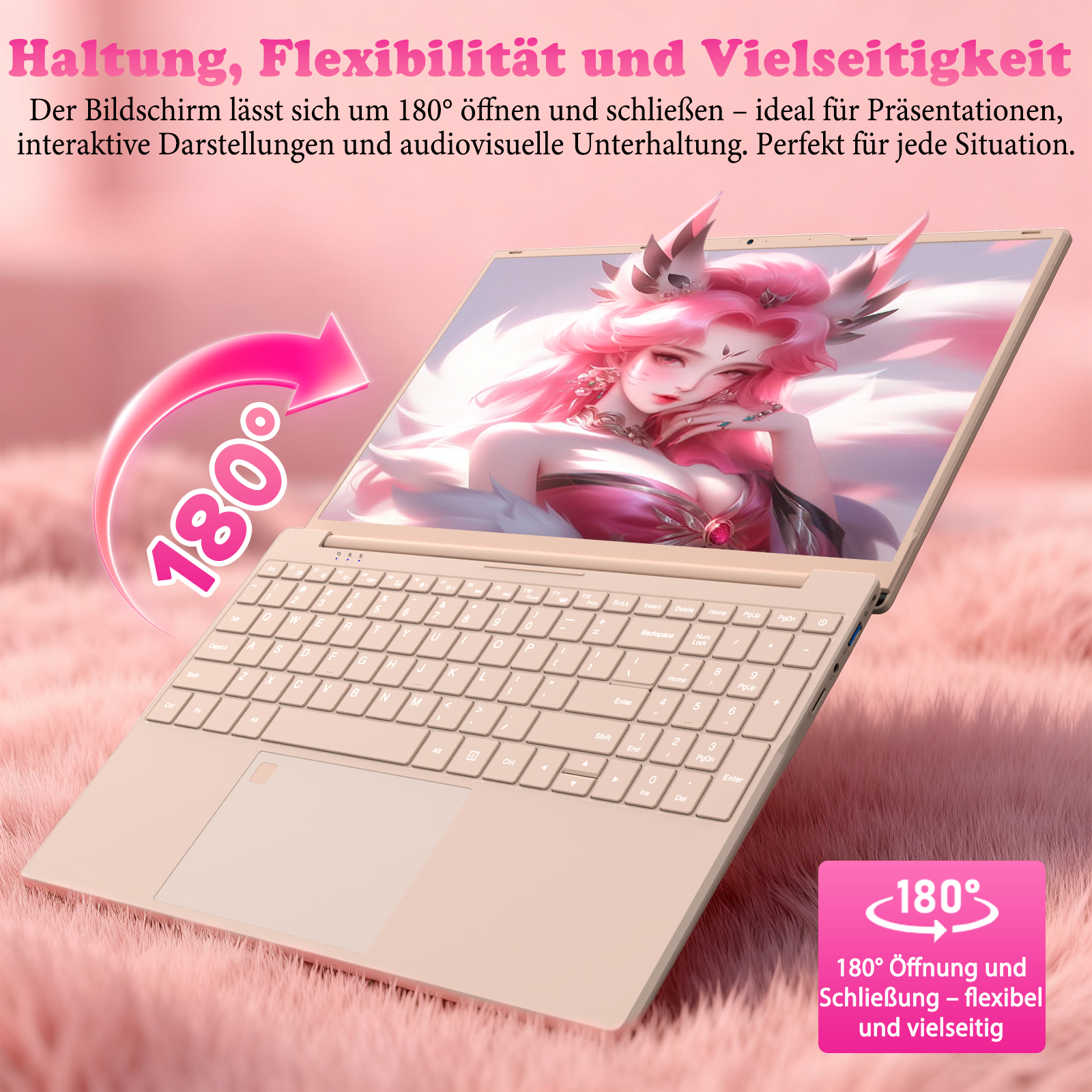 Ein geöffneter Laptop mit anime-artigem Bildschirm und 180°-Symbol.