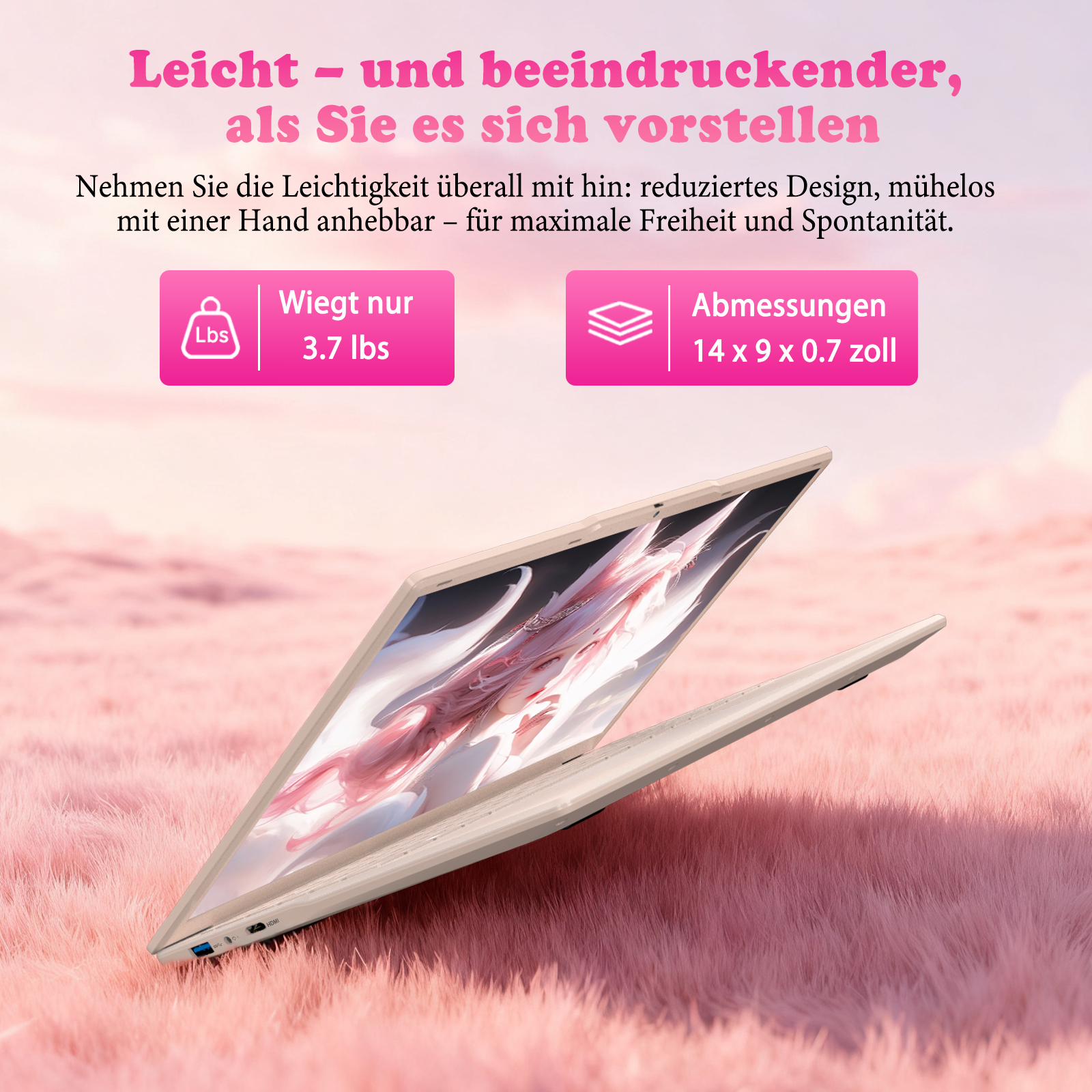 Ein Laptop auf einem rosa Teppich. Er wiegt 3,7 lbs und ist 14x9x0,7 Zoll groß.