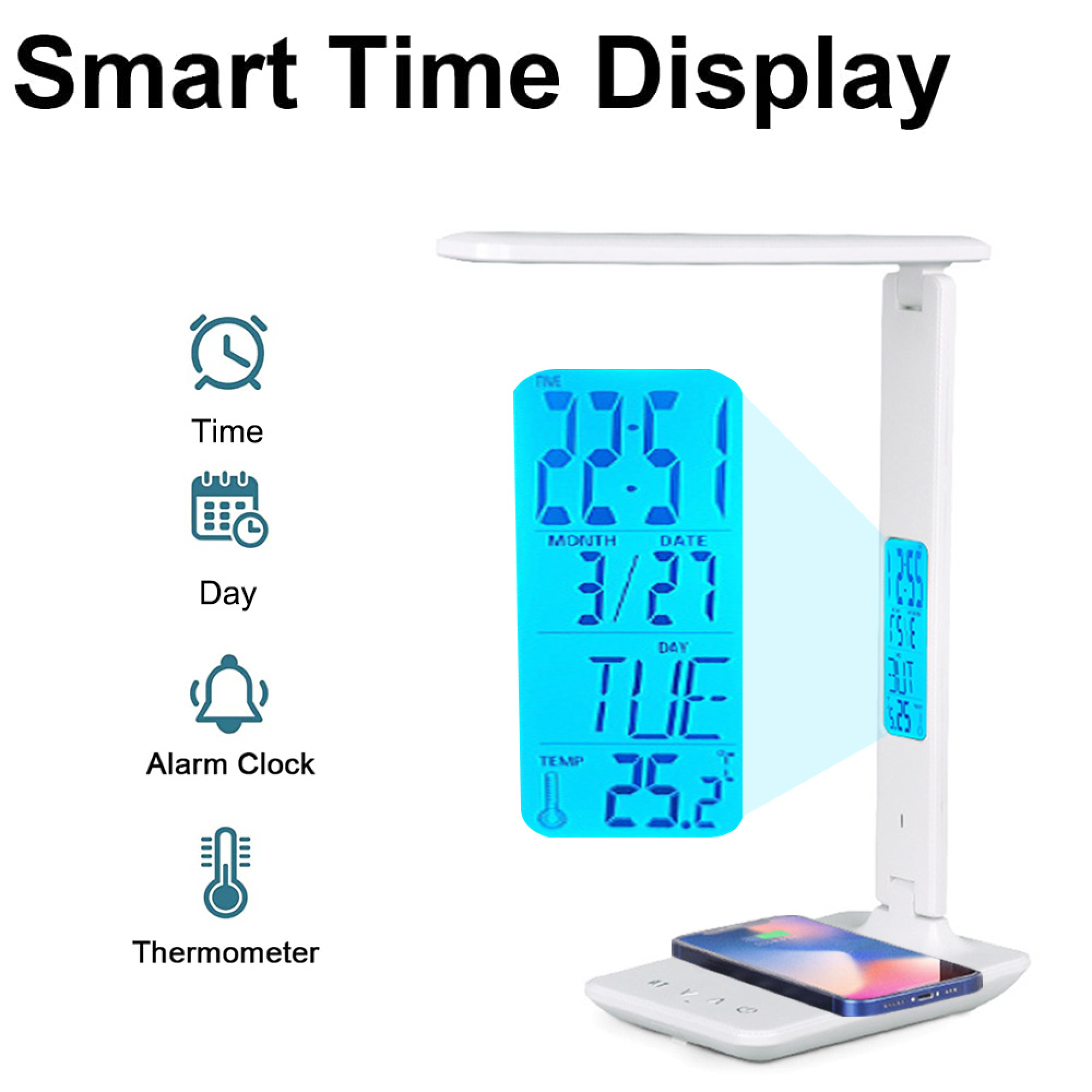 Smarte Schreibtischlampe mit Digitalanzeige für Zeit, Datum, Tag und Temperatur.