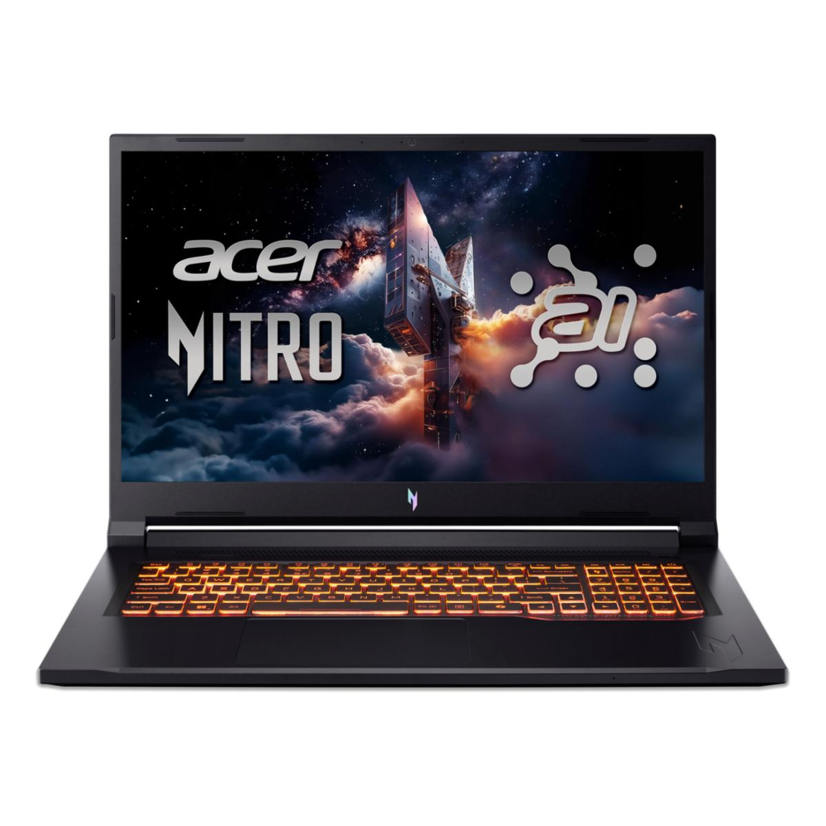 Schwarzer Acer Nitro Laptop mit beleuchteter Tastatur und Weltraum-Hintergrundbild.