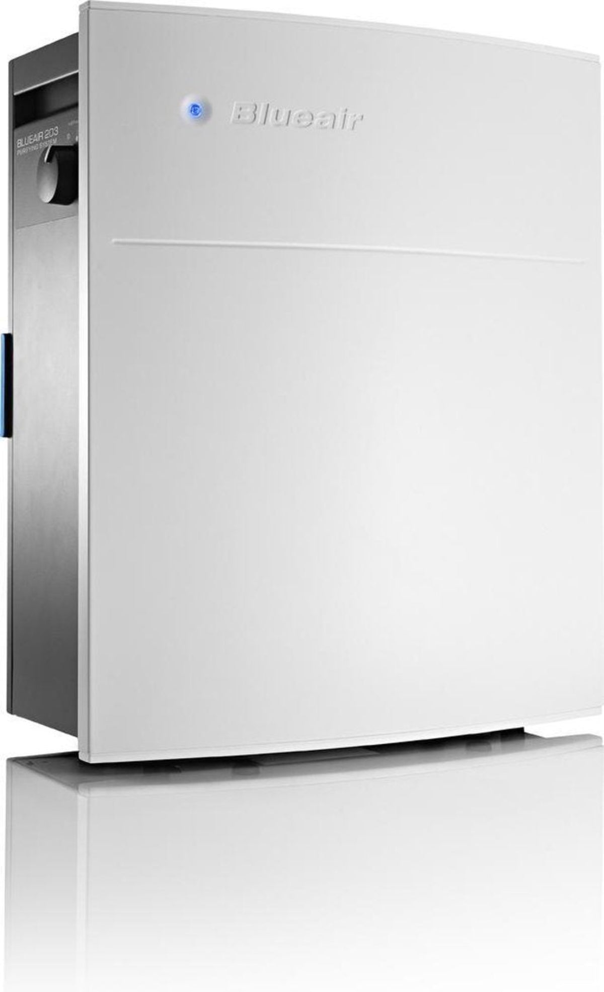 A white air purifier with the Blueair logo and a blue light on top.