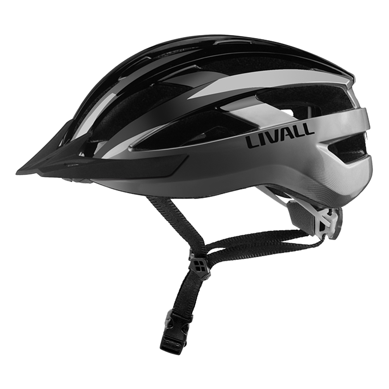 Ein schwarzer Fahrradhelm mit silbernen Akzenten und dem LIVALL-Logo.