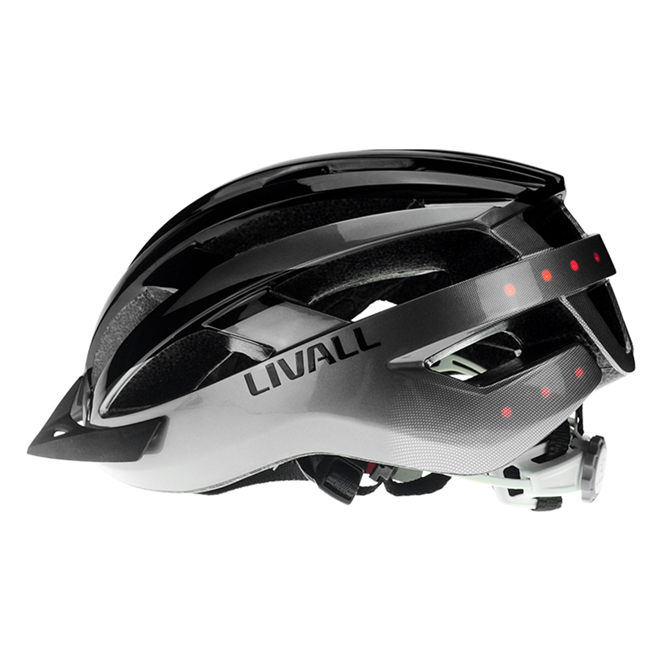 Ein schwarz-silberner Livall Fahrradhelm mit roten LED-Leuchten hinten.