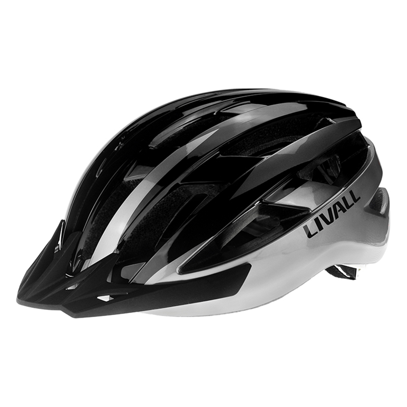 Ein schwarzer und silberner Fahrradhelm mit Belüftungsschlitzen und einem Visier.