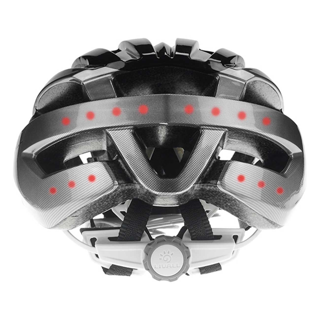 Ein schwarzer Fahrradhelm mit roten Lichtern und einem Verstellrad.