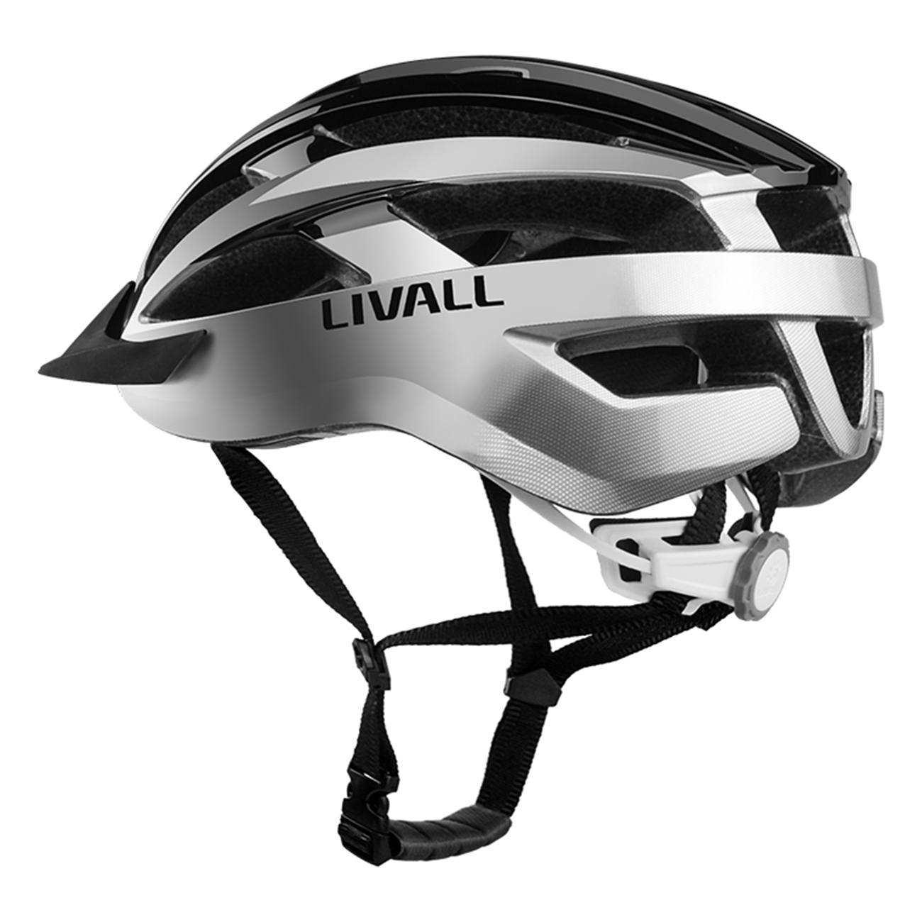 Silberner und schwarzer Livall-Fahrradhelm mit Lüftungsschlitzen und Riemen.
