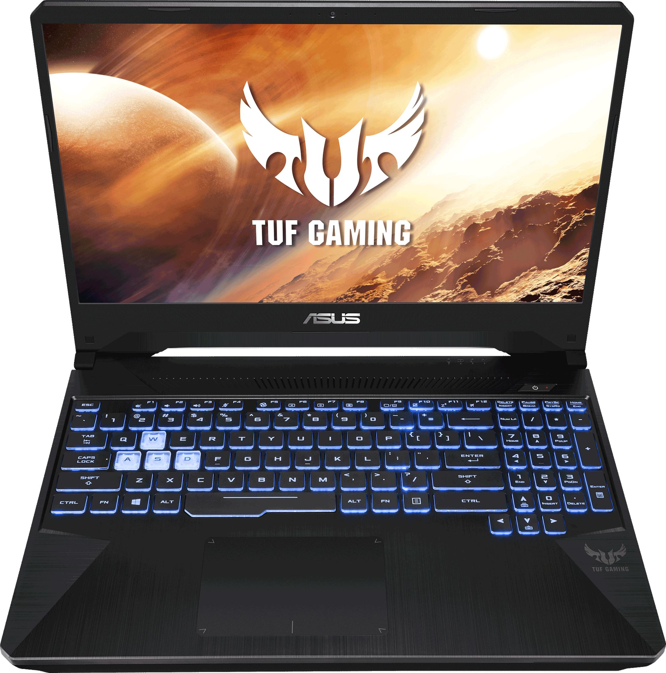 Ein schwarzer Laptop mit beleuchteter blauer Tastatur und einem Weltraumhintergrund.