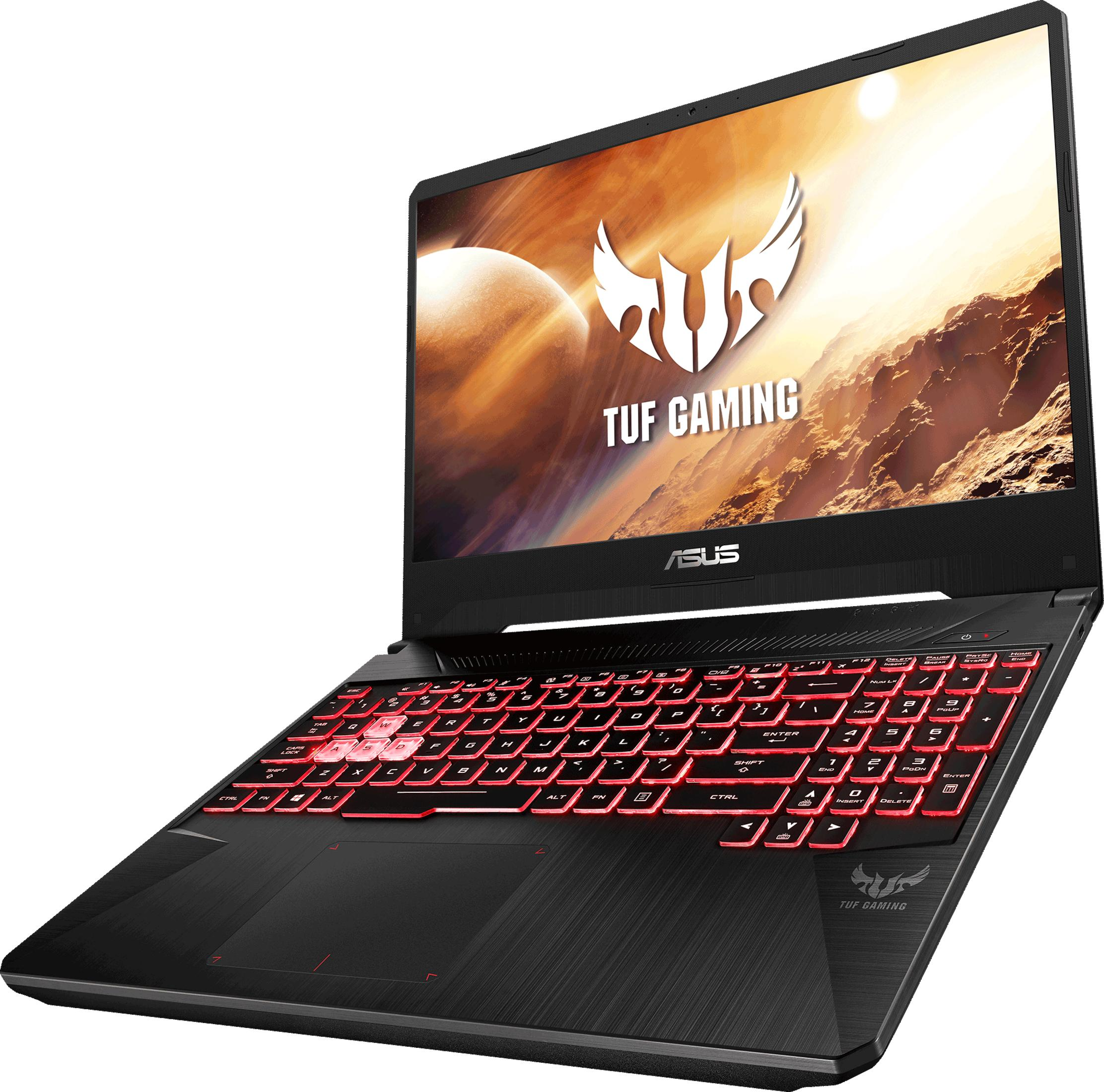 Schwarzer Laptop mit roter Tastaturbeleuchtung und TUF Gaming Logo auf dem Bildschirm.