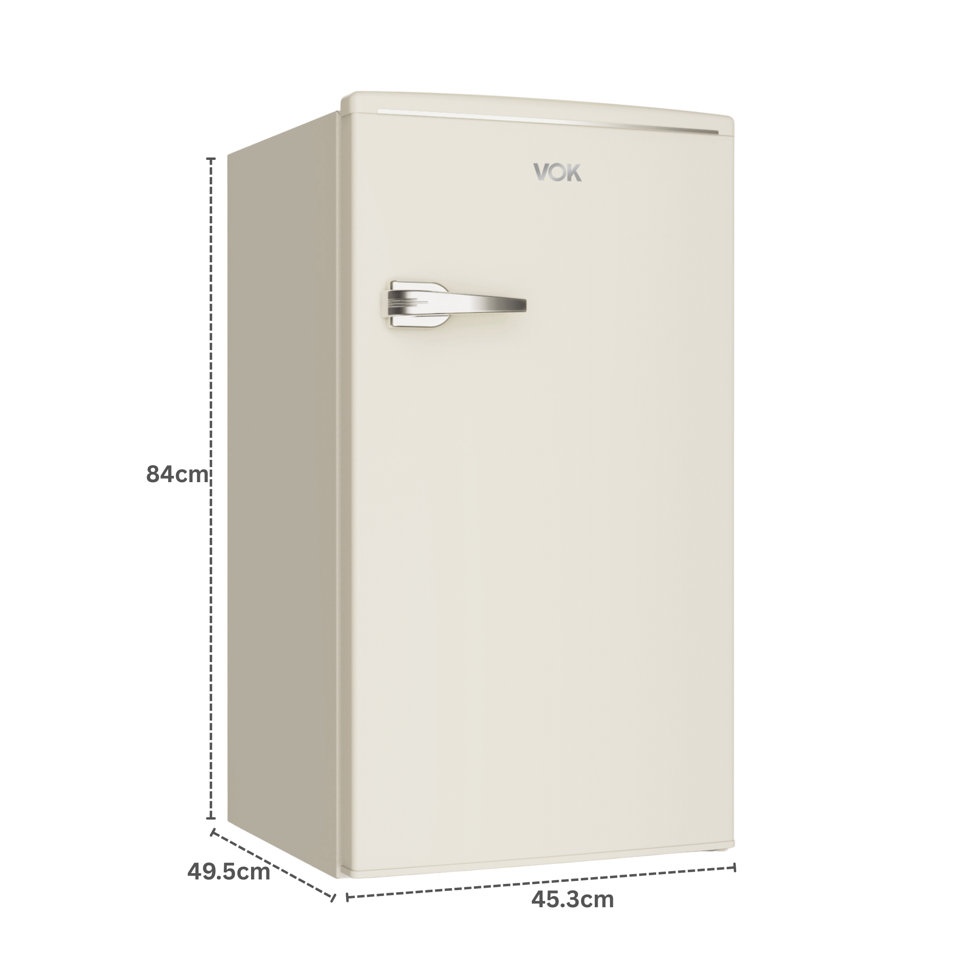 Un refrigerador VOK color crema con asa plateada. Dimensiones: 84x49,5x45,3cm.