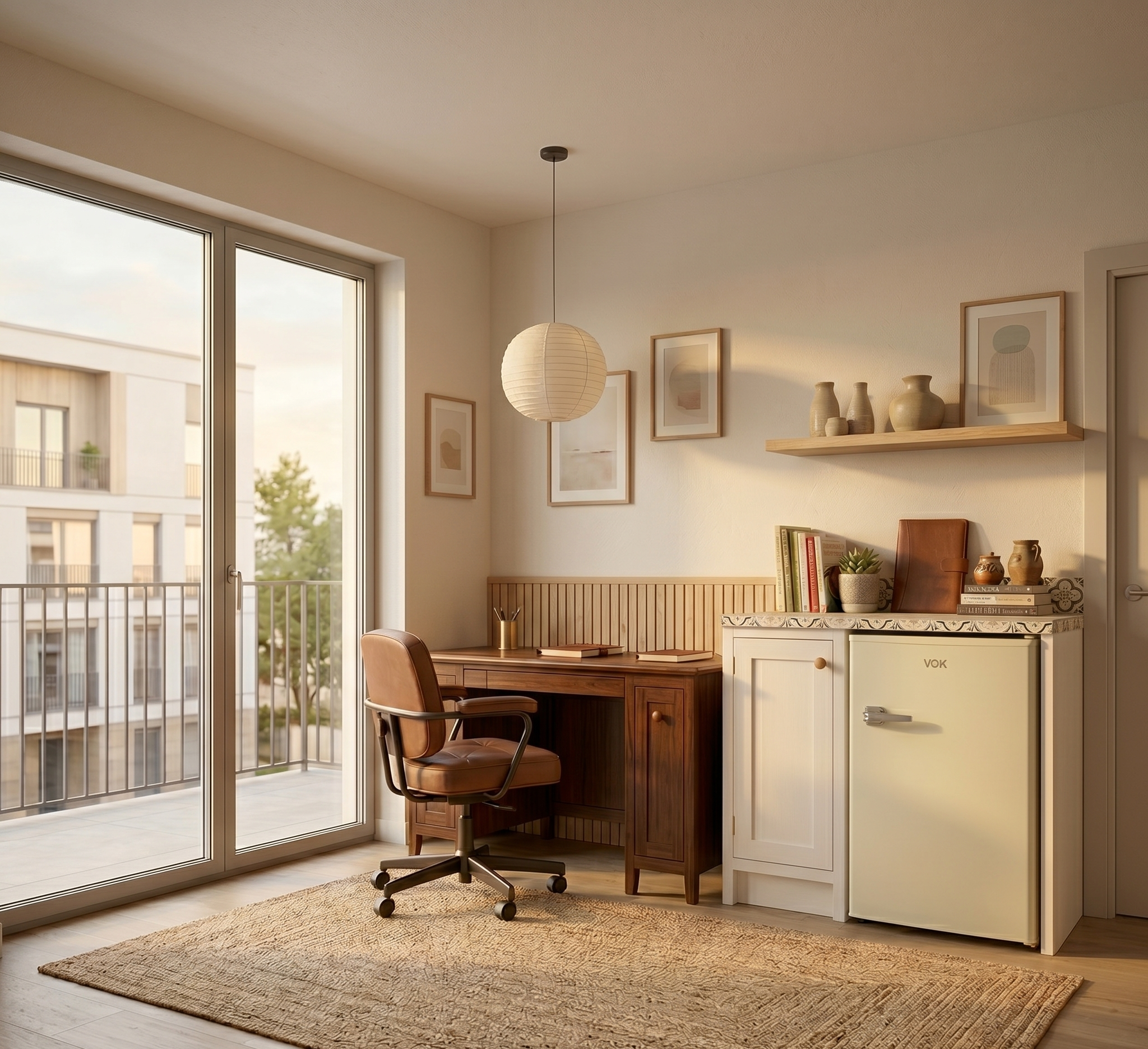 Un escritorio, silla y mini-nevera en una habitación luminosa con grandes ventanales.
