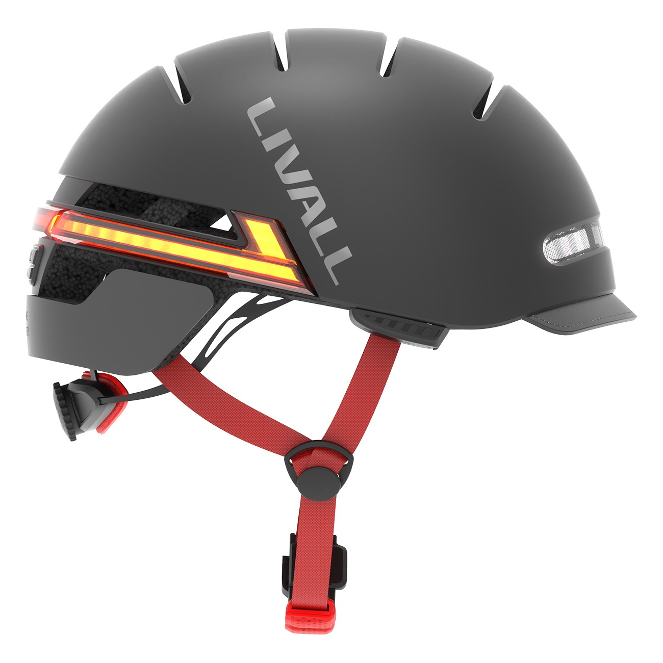 Dunkelgrauer Helm mit roten Riemen und gelben Rücklichtern.
