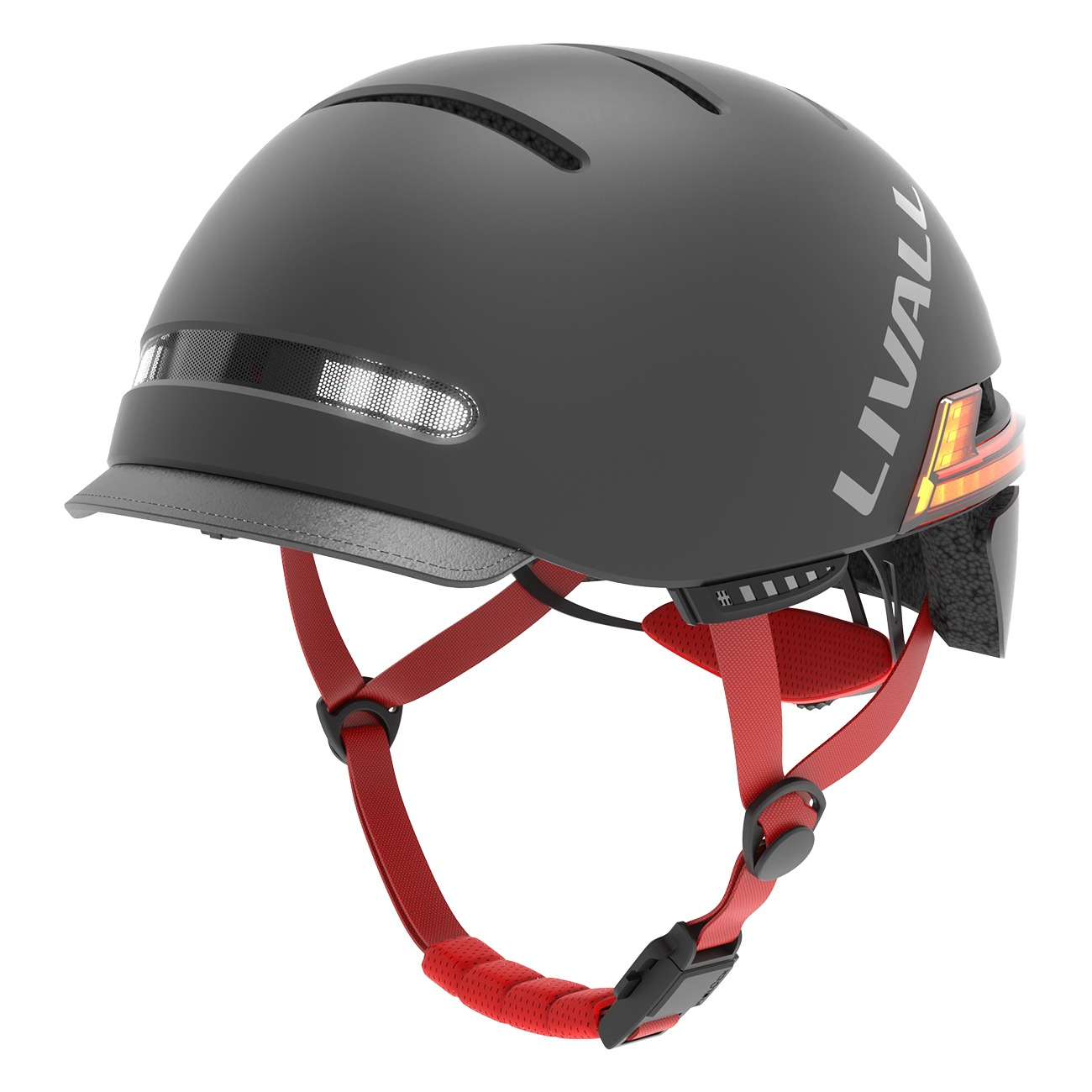 Schwarzer Helm mit roten Gurten und Lichtern, Marke LIVALL.