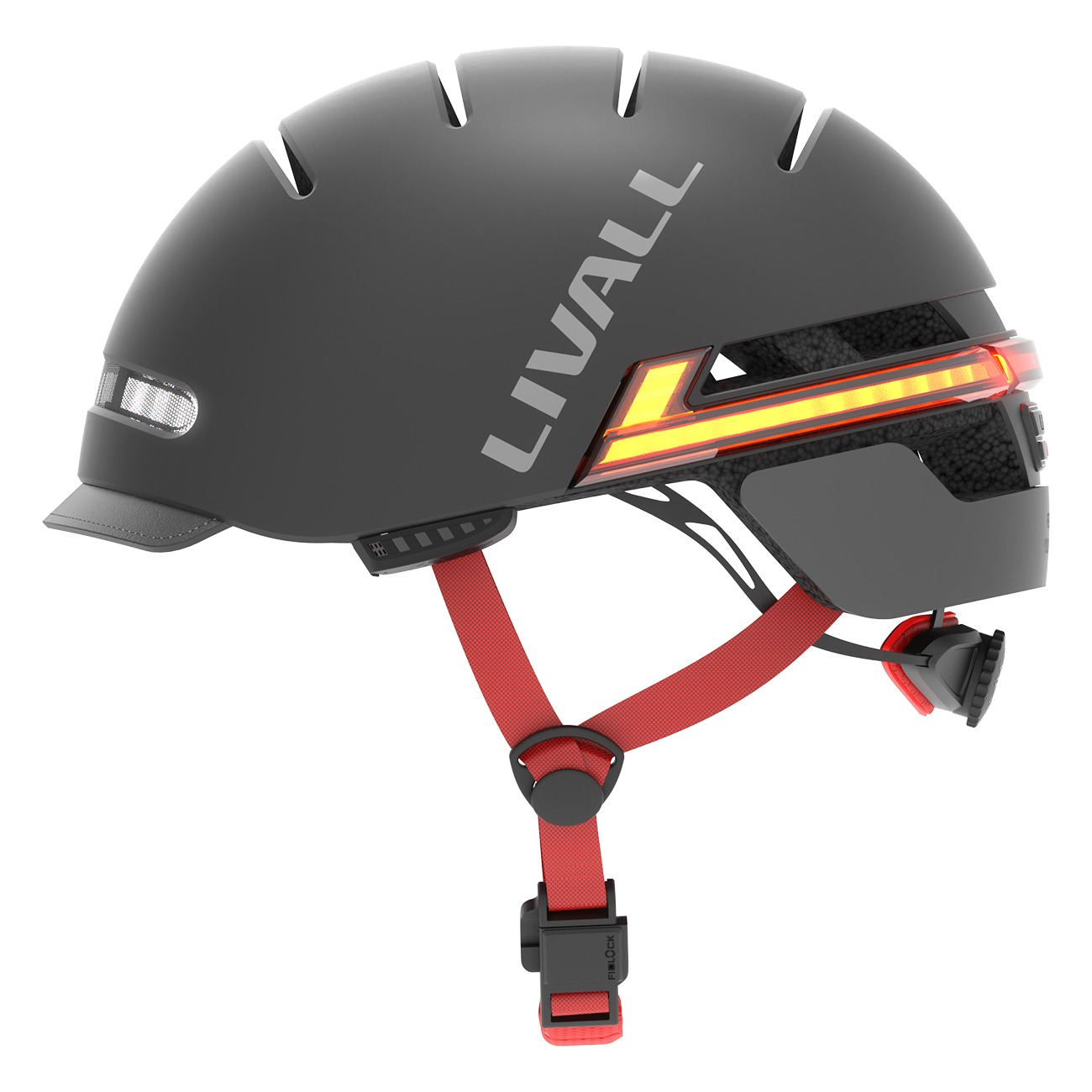 Schwarzer Helm mit roten Gurten und gelben LED-Leuchten. Lüftungsschlitze oben.