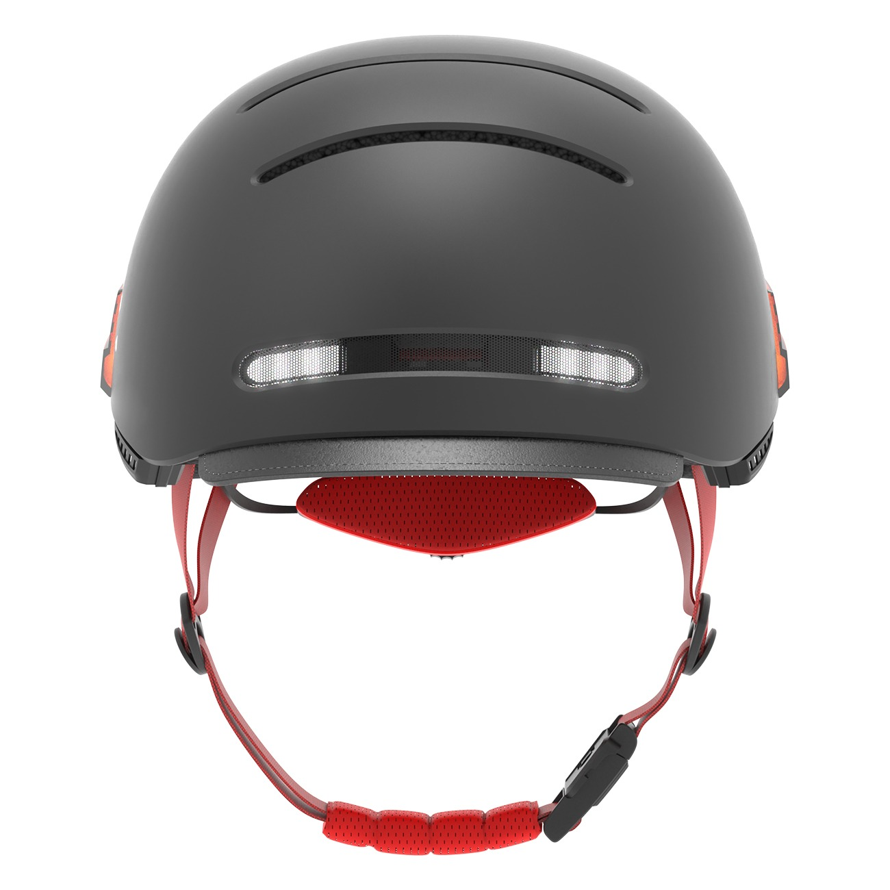 Ein grauer Helm mit roten Riemen und Lichtern.