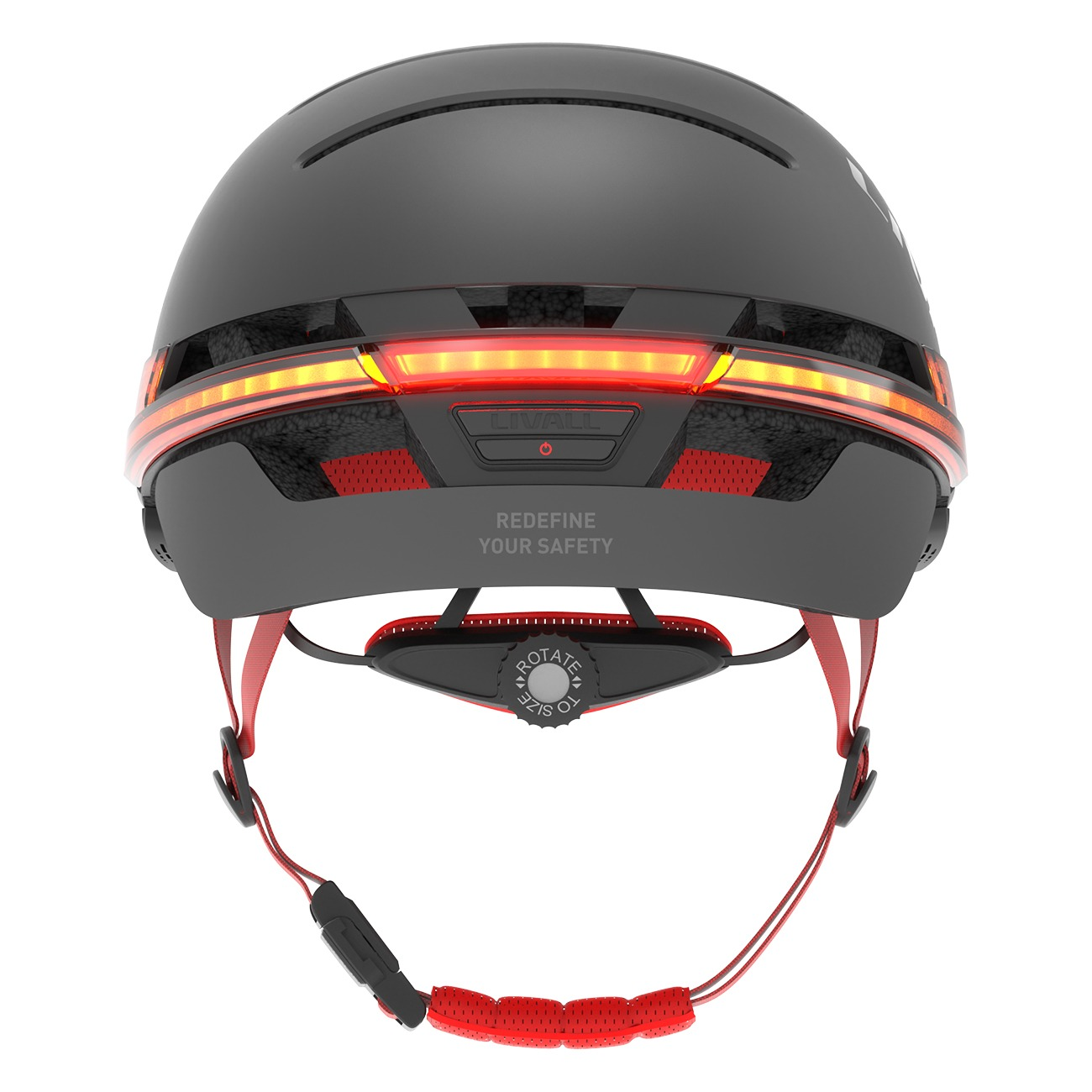 Schwarzer Helm mit rotem Lichtband und Gurten. Drehrad zur Größenverstellung.