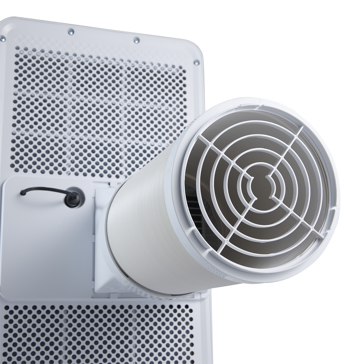 Unità ventilatore bianca con griglia rotonda e attacco tubo.