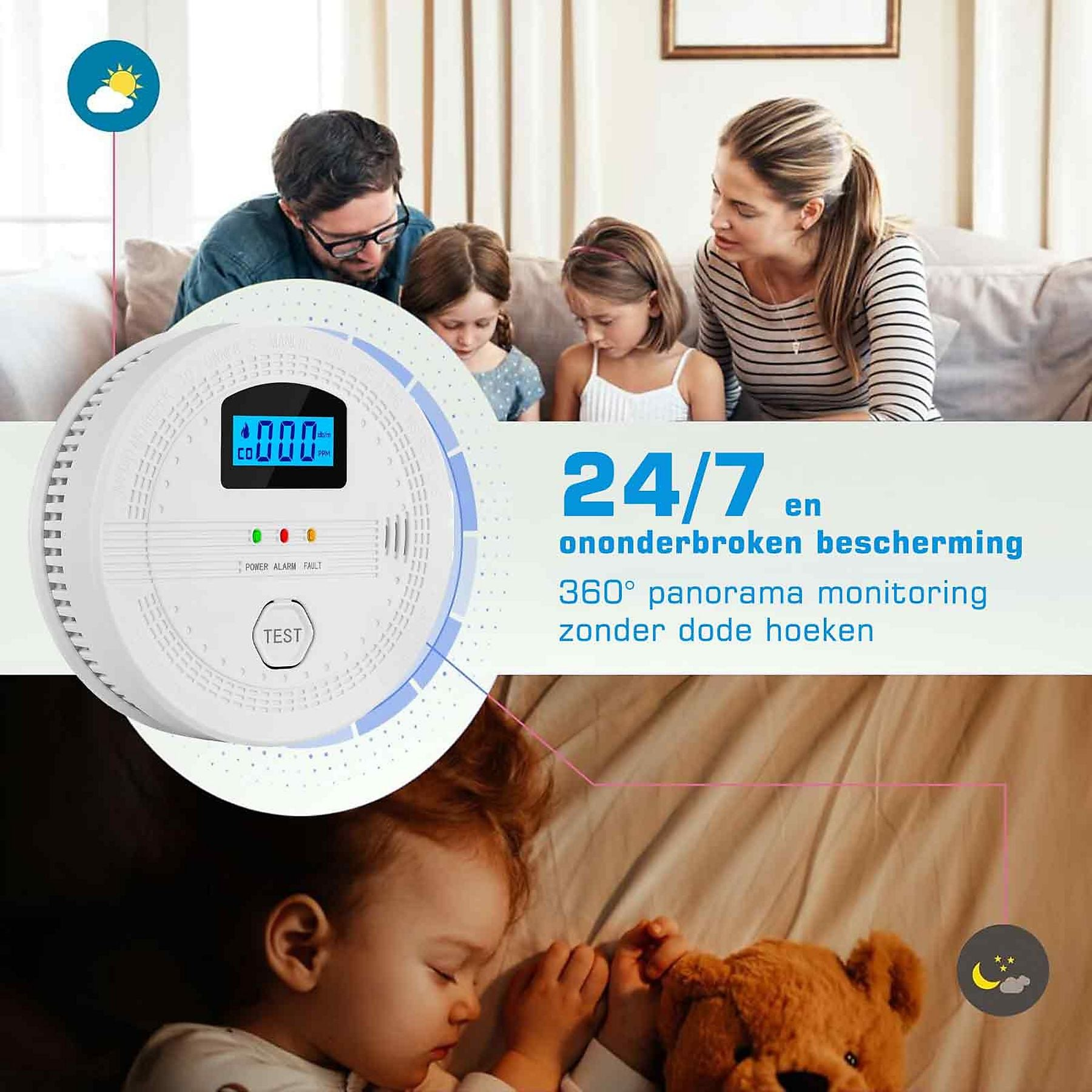 Familie auf Sofa mit Rauchmelder und Baby im Bett. 24/7 Schutz.